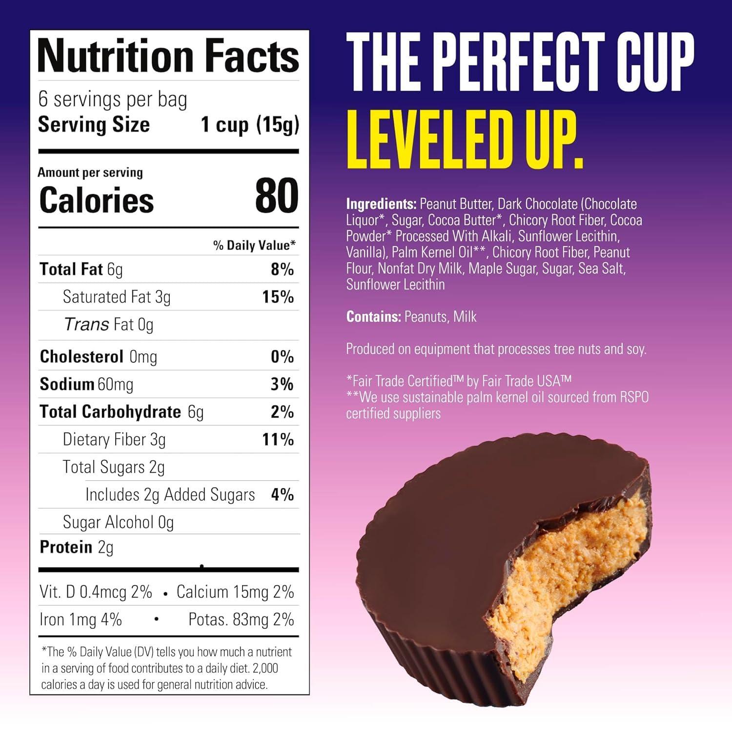 SKINNYDIPPED SkinnyDipped Dark Chocolate Peanut Butter Cups, 2g Sugar per Cup, Keto Friendly, No Stevia, Gluten Free, 3.2oz, 1 Pack (6 Cups Total)