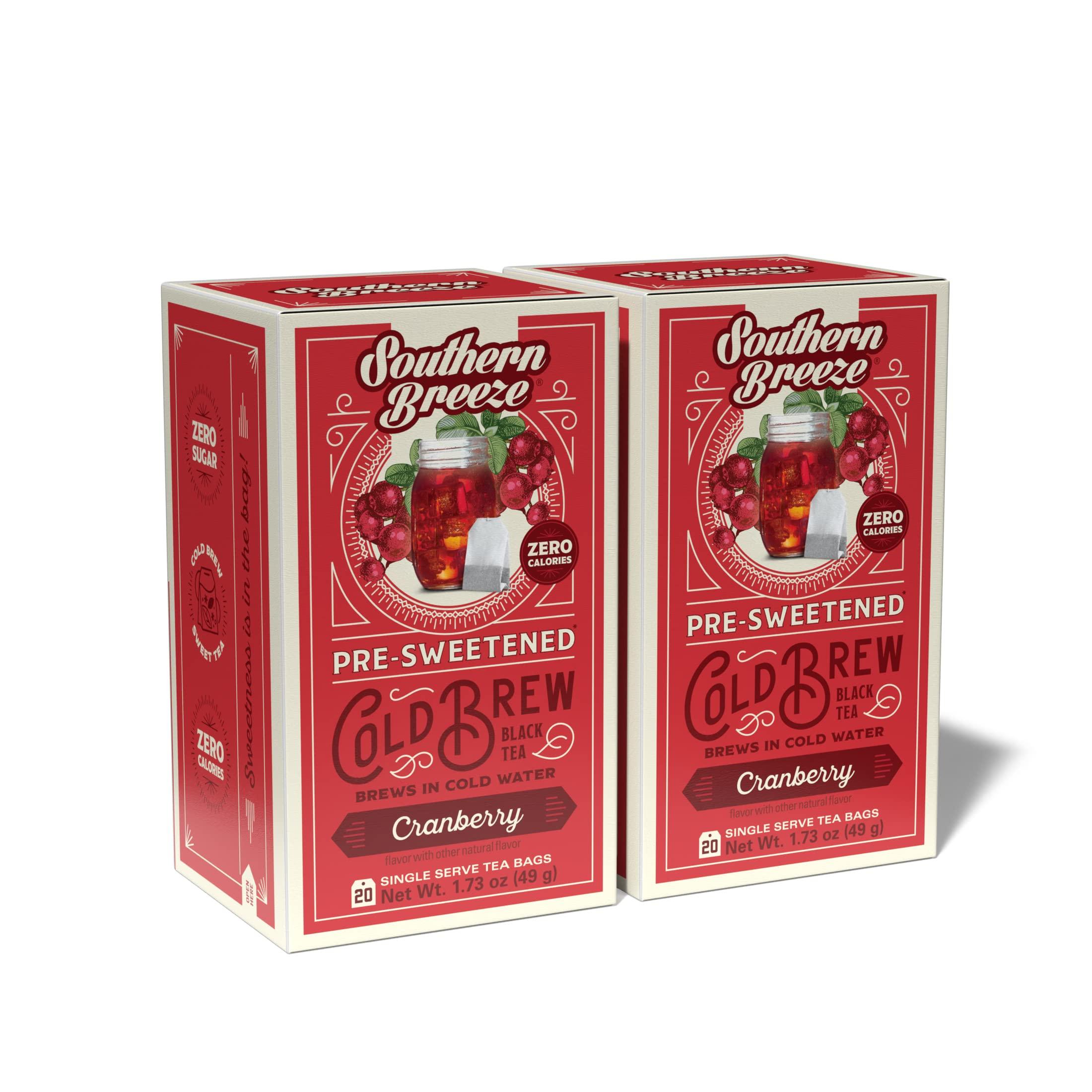 Southern Breeze Southern Breeze Cold Brew Sweet Tea Cranberry Iced Tea with Black Tea and Zero Carbs Zero Sugar, 20 Individually Wrapped Tea Bags Pack of 2