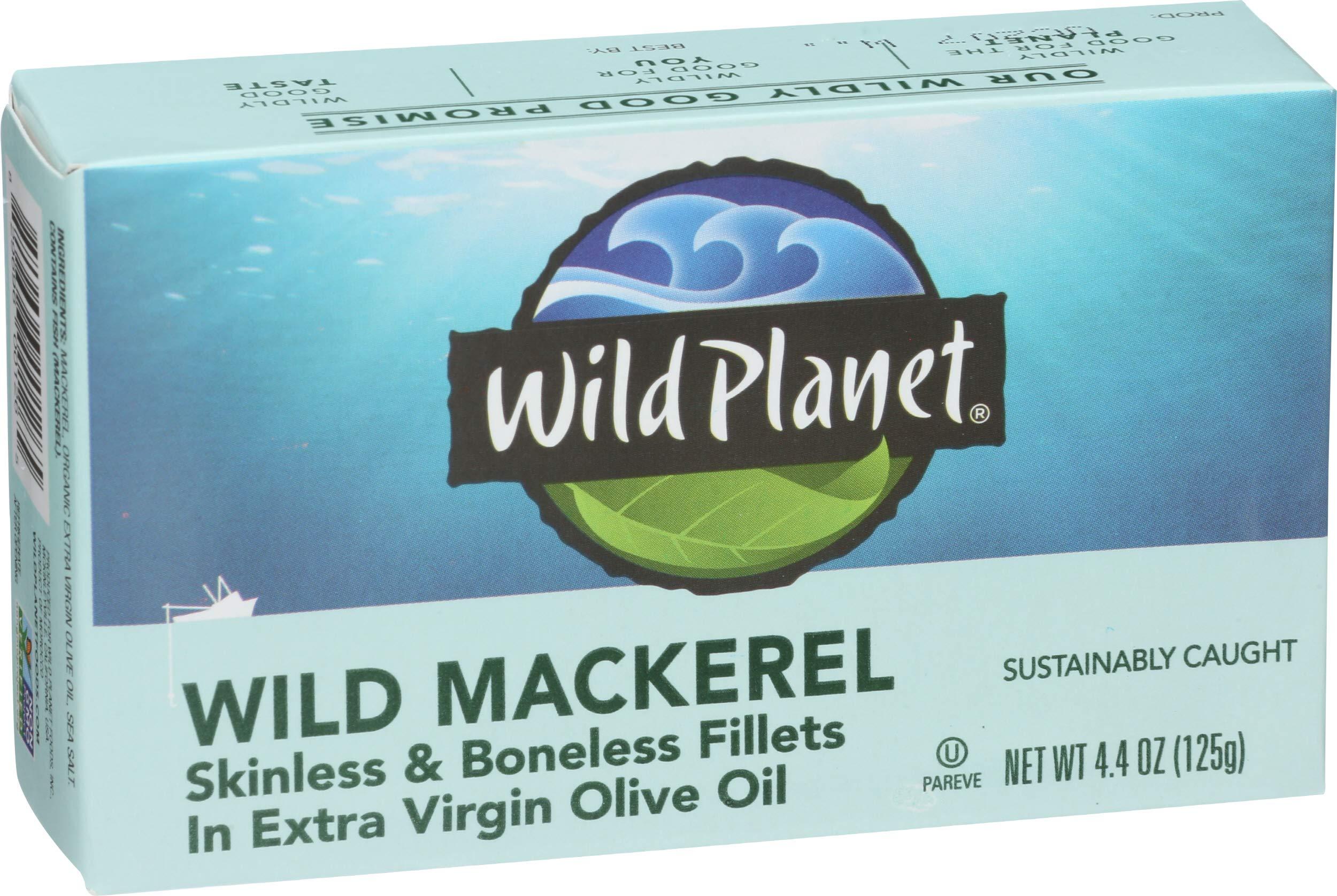 Wild Planet Wild Planet Skinless Boneless Mackerel Fillets in Organic Extra Virgin Olive Oil, Tinned Fish, Sustainably Caught, Non-GMO, Kosher, Gluten Free, Keto and Paleo, 4.4 Ounce Single Unit