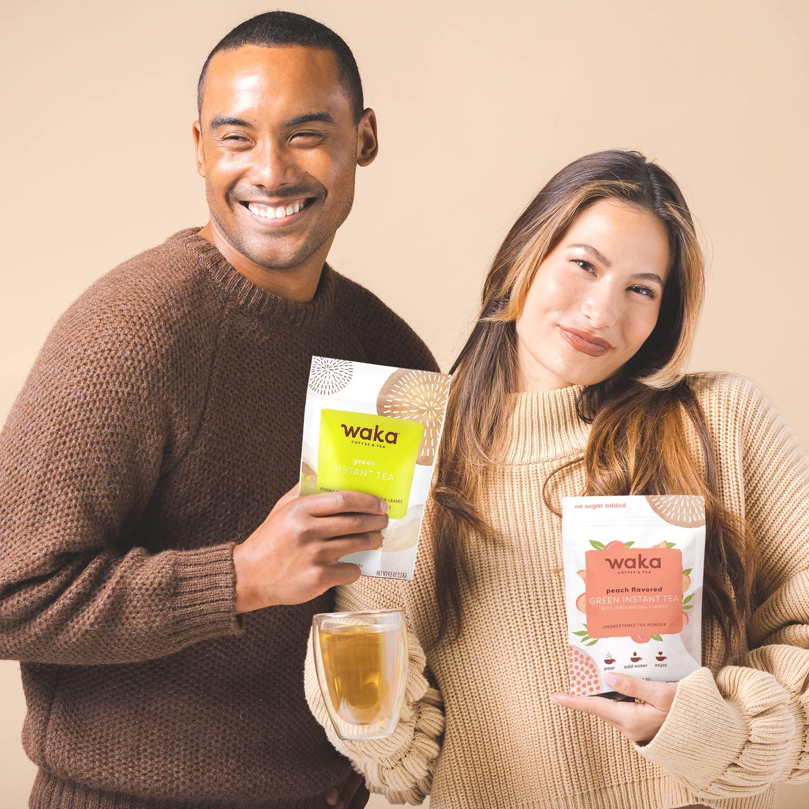 Waka Coffee Waka Instant Tea Mix, 2 Bag Bundle - 100% Tea Leaves, No Additives, Unsweetened Tea Powders - Classic & Peach Flavored Green (4.5oz Each)