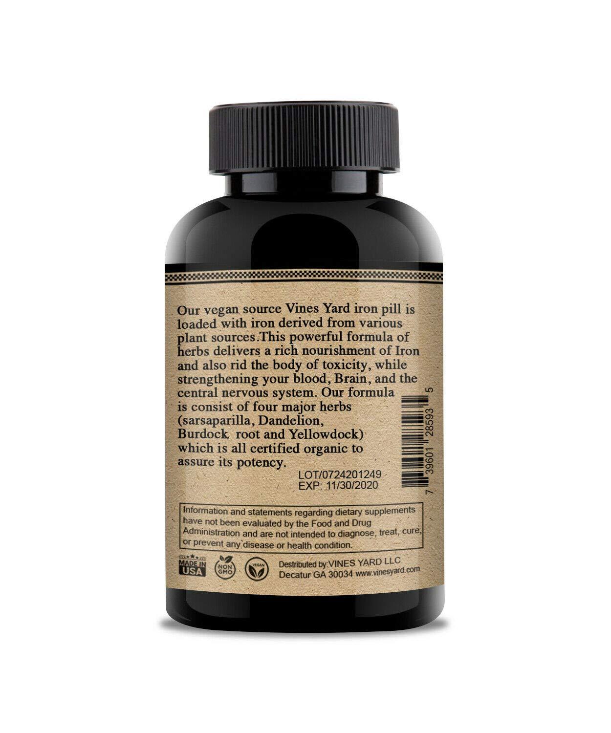 Vines Yard Vines Yard Iron Supplements | Natural Herbal Iron Pills | Organic Sarsaparilla, Dandelion, Burdock Root & Yellowdock Capsules 1200mg | 100 Pack
