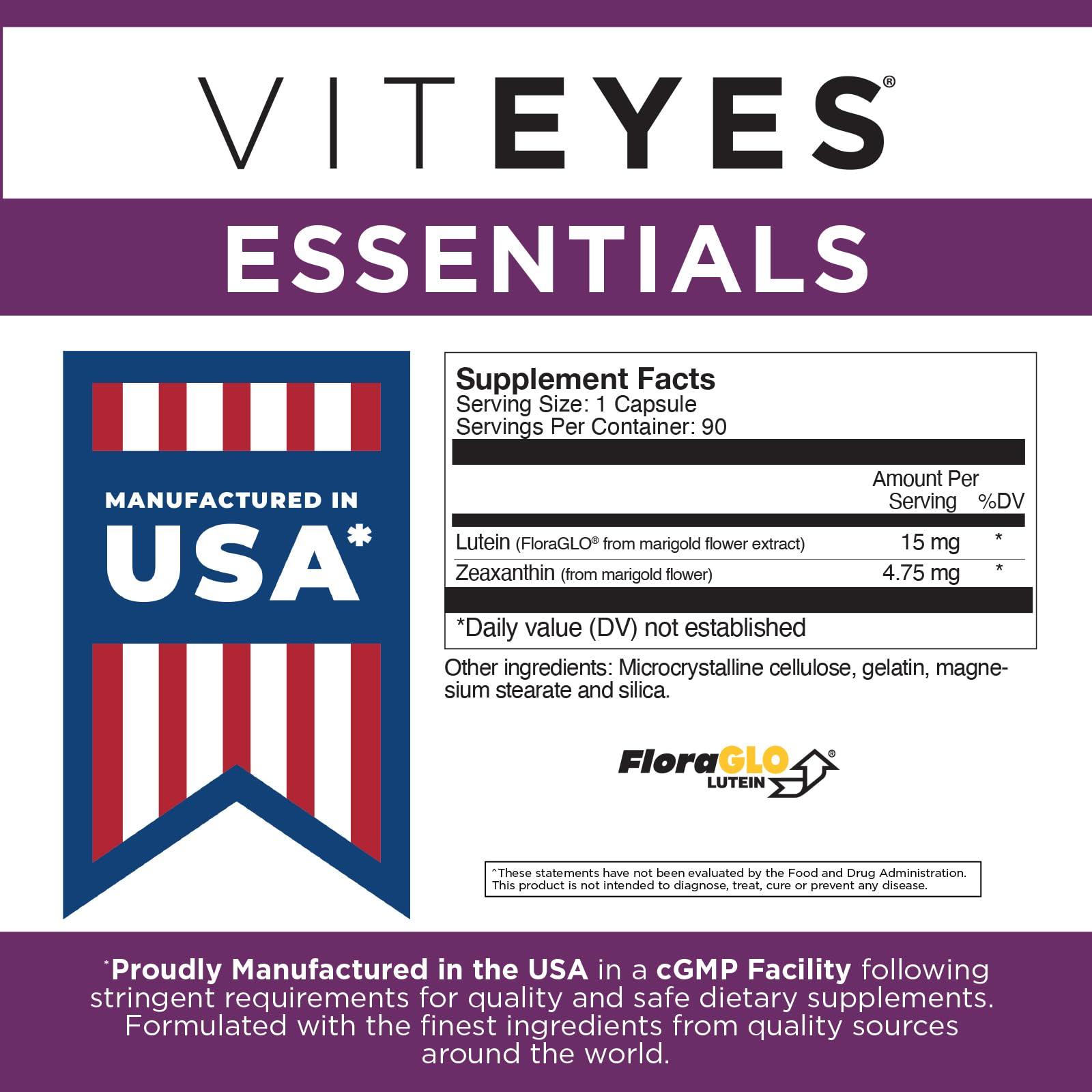 Viteyes Viteyes Essentials Eye Health Dietary Supplement, Lutein & Zeaxanthin for Macular Support, 90 Capsules