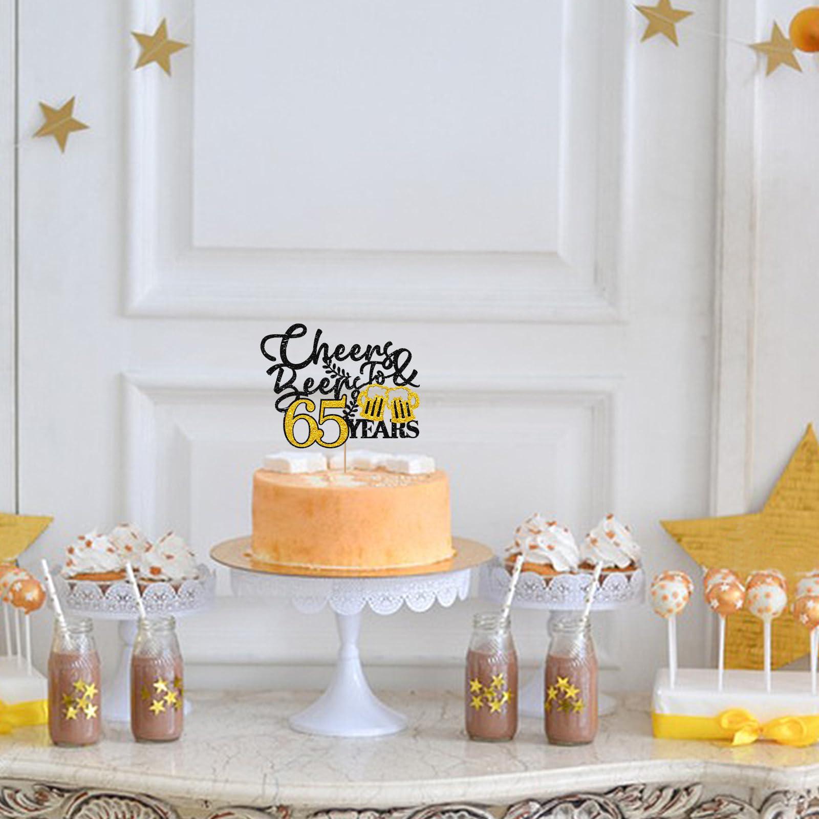 MAONICA Cheers & Beers to 65 Years Cake Topper, Gold&Black Glitter Happy 65th Birthday Cake Topper for Men, Beer Sign Cheers To 65 Years Cake Decor, Happy 65th Anniversary Party Decoration