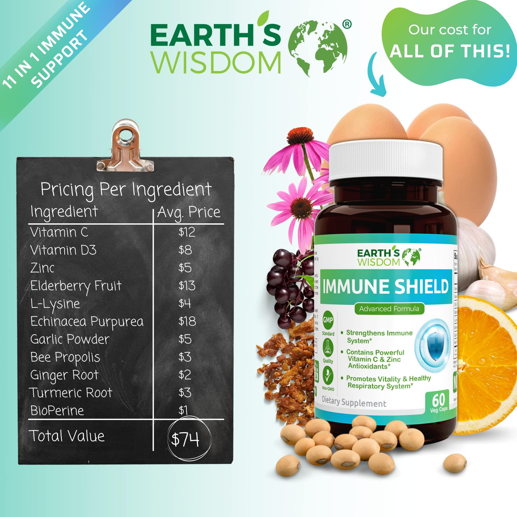 Earth's Wisdom Vitamin D3 5000 IU Vitamin C 1000mg Zinc 50mg - Immune Support Supplement Adults with Elderberry Echinacea Garlic Lysine Turmeric Ginger Propolis Pepper Gluten Free 60 Non-GMO Capsules