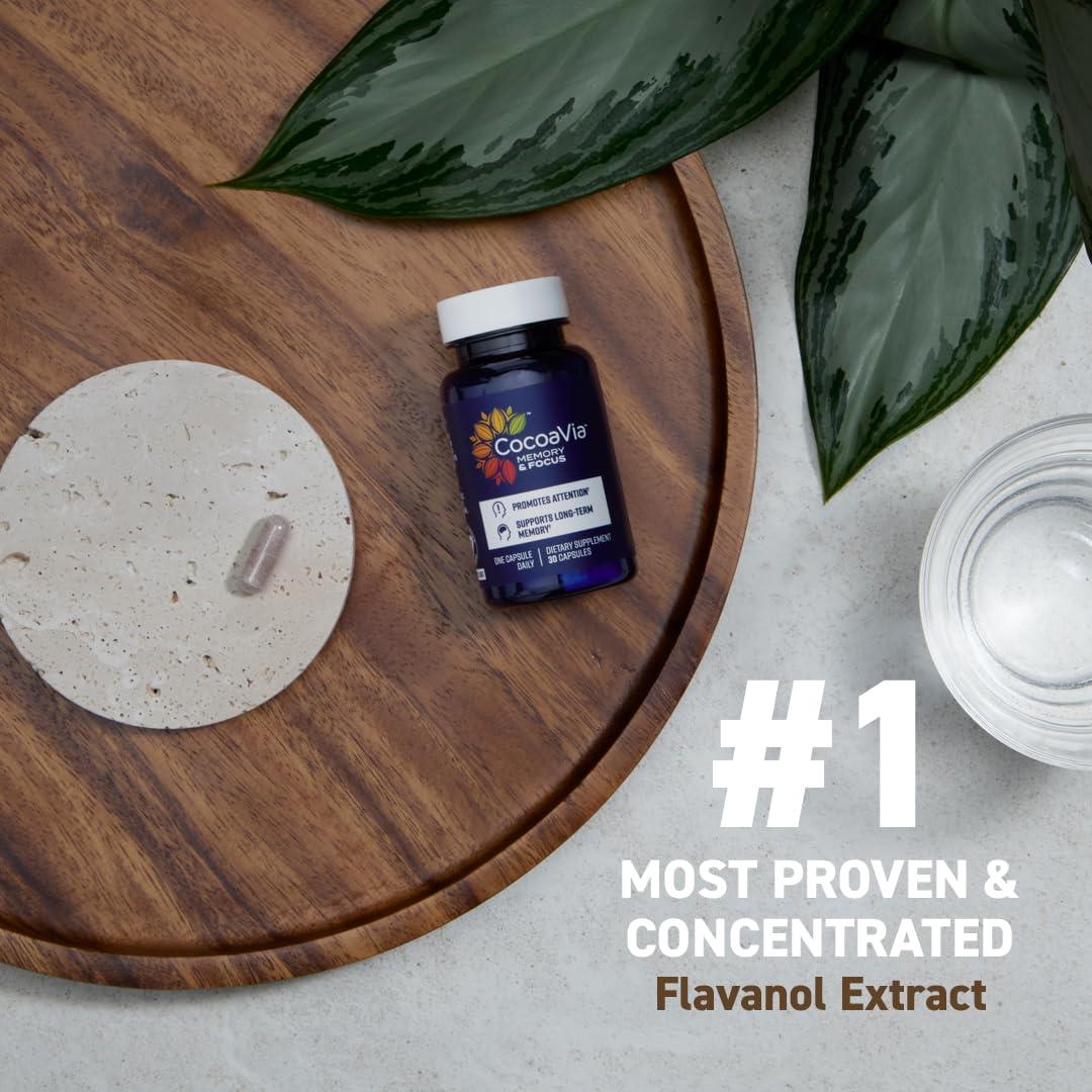 CocoaVia CocoaVia Memory & Focus Brain Supplement, 90 Day, Cocoa Flavanol Blend, Lutein, Added Caffeine for Boost. Improve Cognitive Function, Attention, Vegan & Plant Based, 90 Capsules