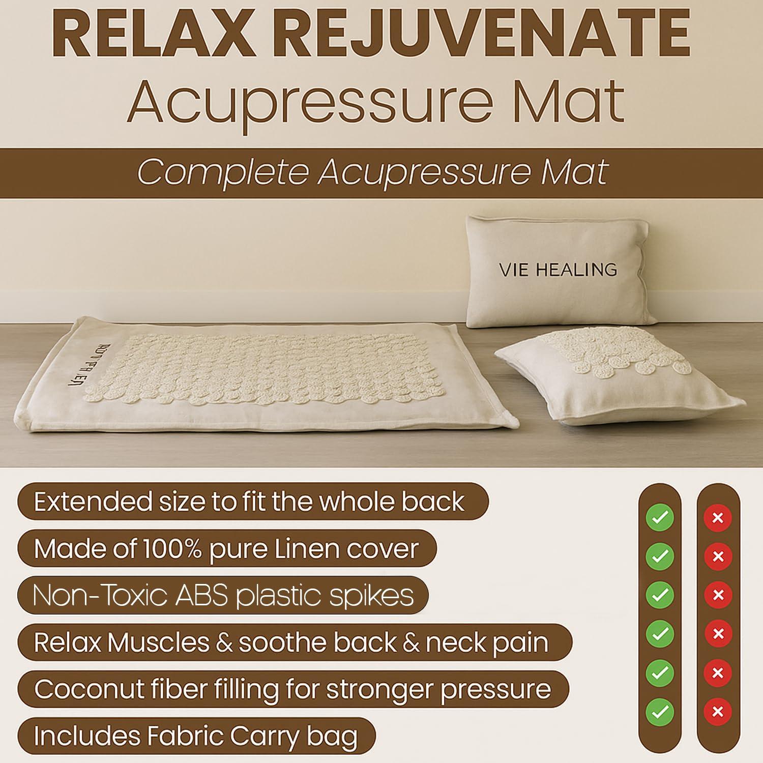 Vie Healing Vie Healing Acupressure Mat for Muscle Relaxation - Acupressure Mat for Back and Neck Pain Relief - Acupressure Mat Full Body - Stress Reduction Acupressure Mats - Extra-Long Yoga Acupressure Mat Set