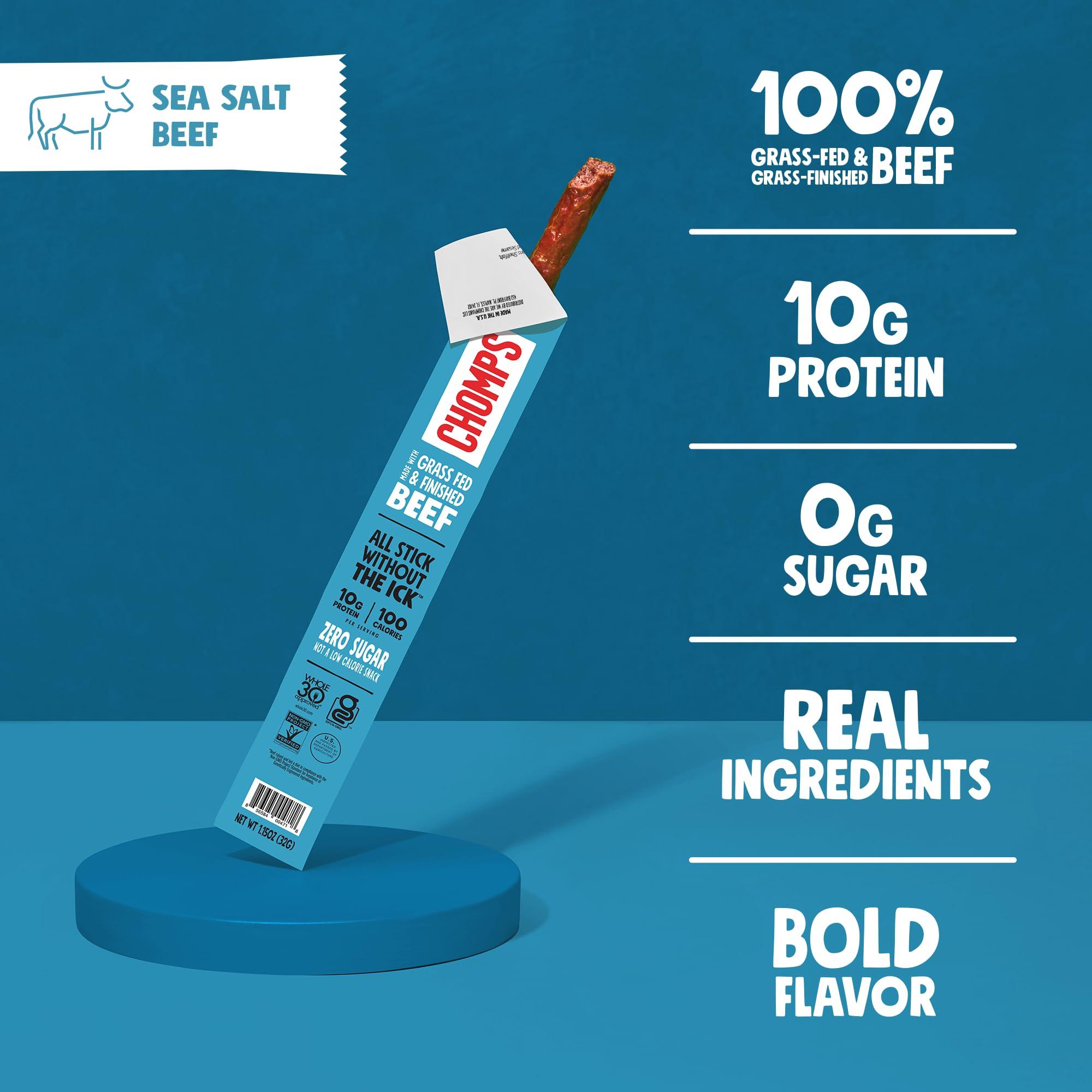 Chomps CHOMPS Grass Fed Sea Salt Beef Jerky Snack Sticks, Keto, Whole30, Paleo, Gluten Free, Sugar Free, Low Carb, AIP Diet Compliant, 1.15 Oz, Pack of 24