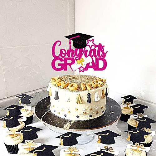 Bdayshop Congrats Grad Cake Topper Purple 2023 Graduation Cap Cake Decorations for Boys Girls Glitter Graduation Theme Party Decoration Supplies for University College Graduate Women Men
