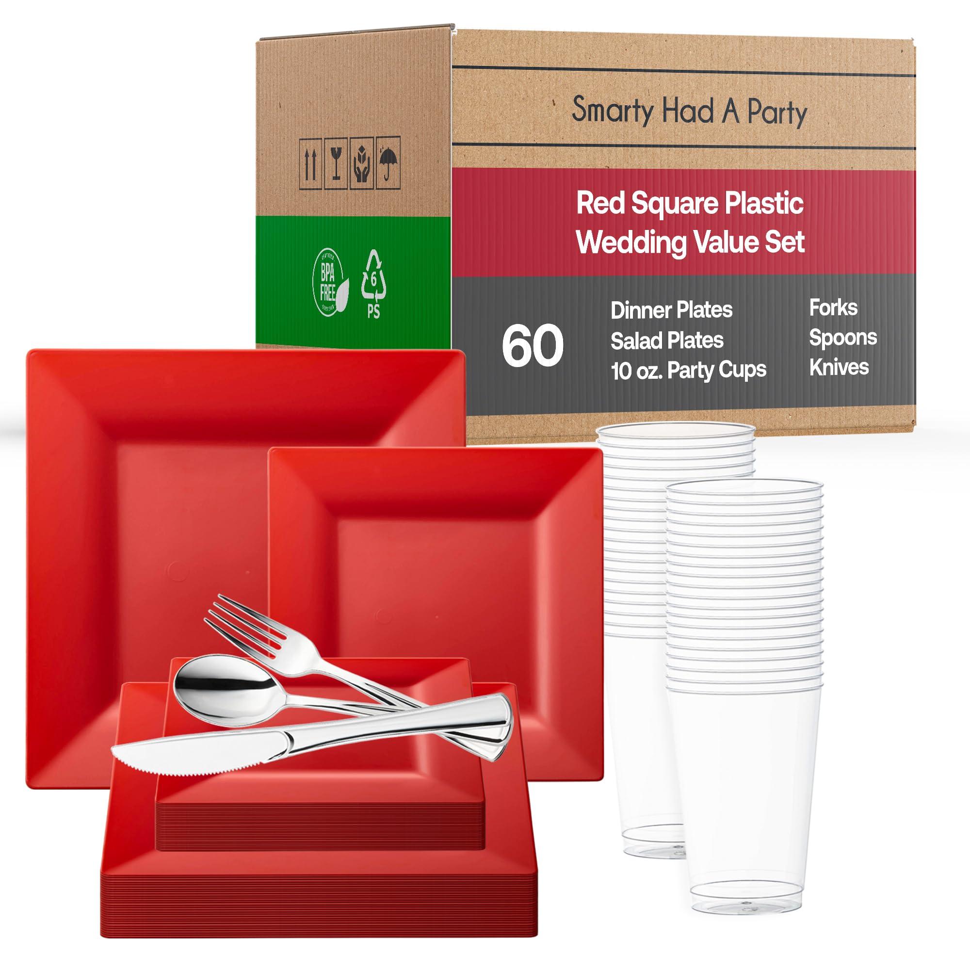 Smarty Had A Party Elegant Disposable Plastic Dinnerware Set, Heavy Duty Plastic Plates (Red, Wedding Value Set (60 Guests))