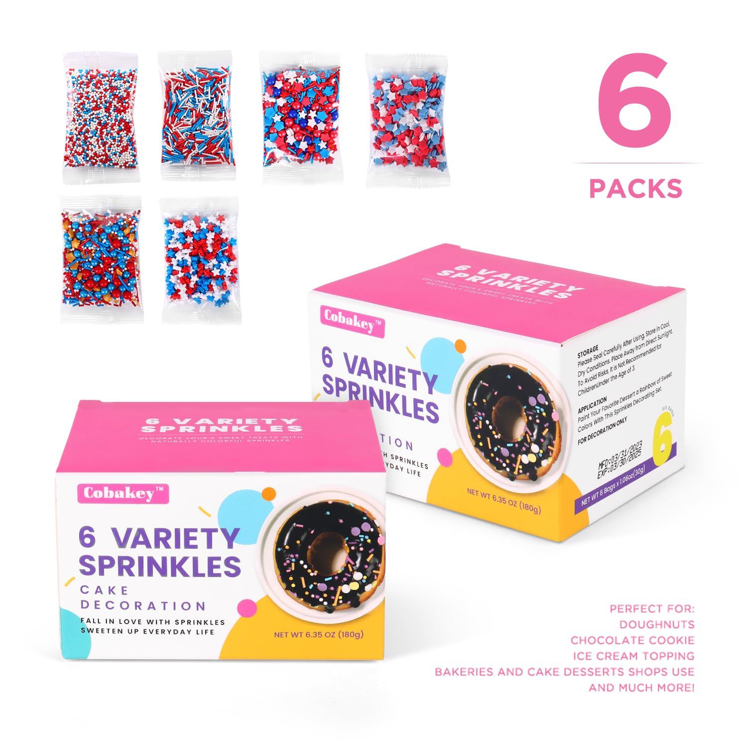 cobakey Edible Sprinkles Nonpareils Red White and Blue 4th of July for Cake Decorating Baking, Ice Cream, Cookies, Cupcake Topper (6 Packs)