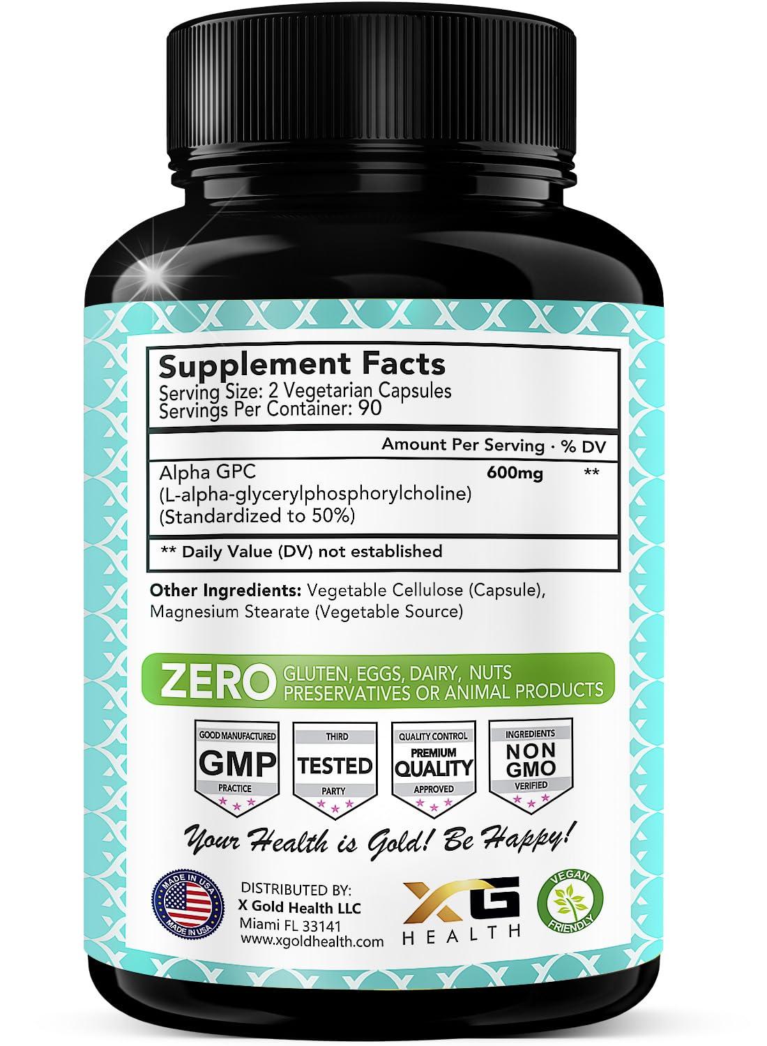 X Gold Health Alpha GPC Choline Supplement 600mg, 99%+ Highly Purified, Highly Bioavailable Source of Choline,180 Veggie Capsules, Cognitive Enhancer Nootropic, Supports Memory & Brain Function, Boosts Focus & Mood