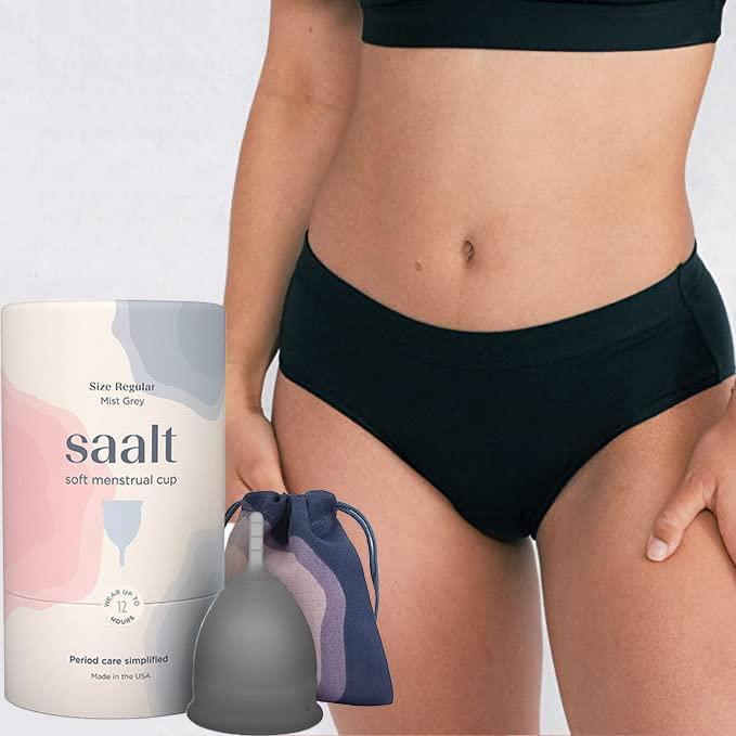 saalt Saalt Soft Menstrual Cup (Grey, Regular) & Cotton Brief Period 100% Cotton Underwear (Large) - Super Soft and Flexible - Best Sensitive Cup - Wear for 12 Hours - Tampon and Pad Alternative