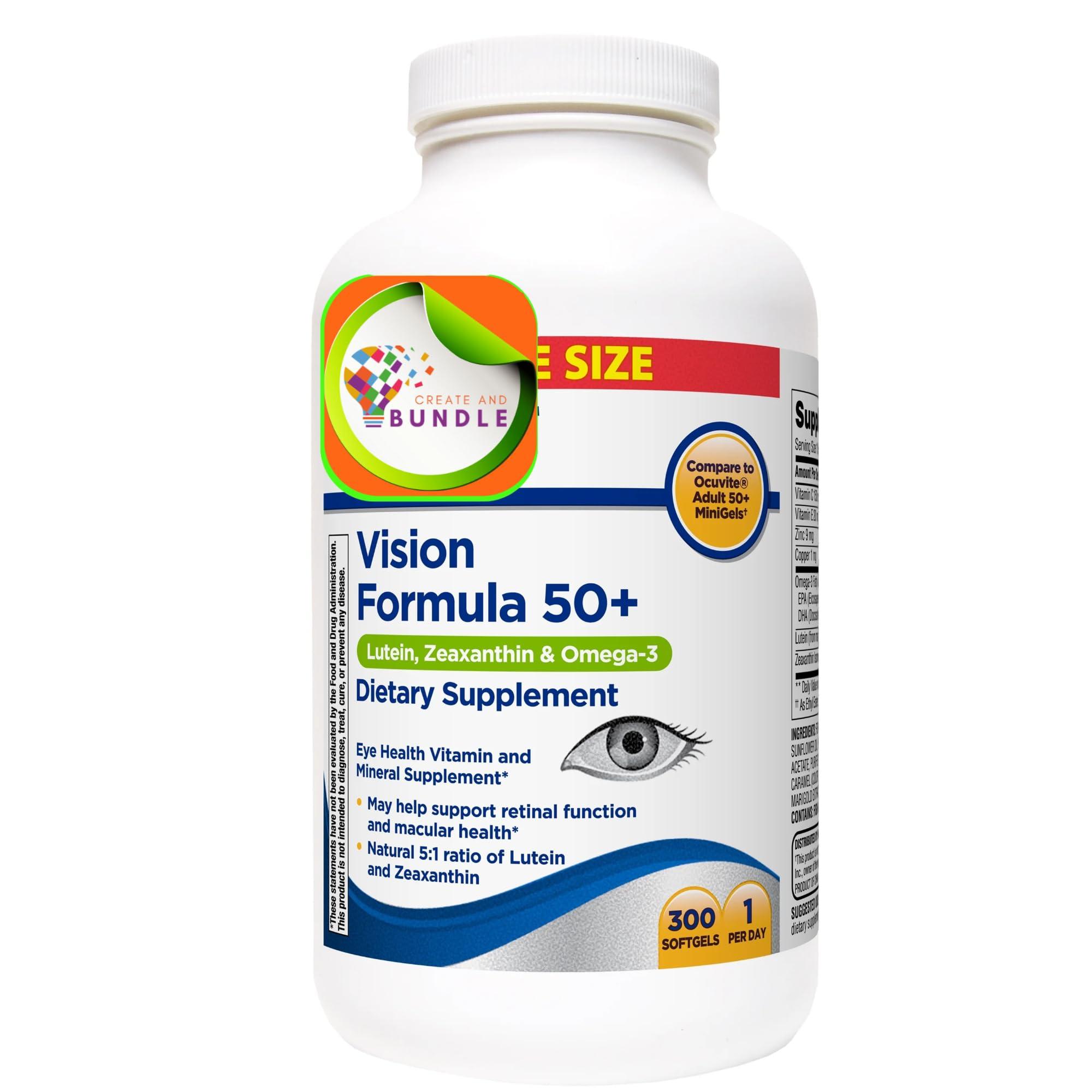 Create and Bundle Equate Vision Formula 50+ Lutein, Zeaxanthin & Omega-3, 300 Softgels + Create Sticker
