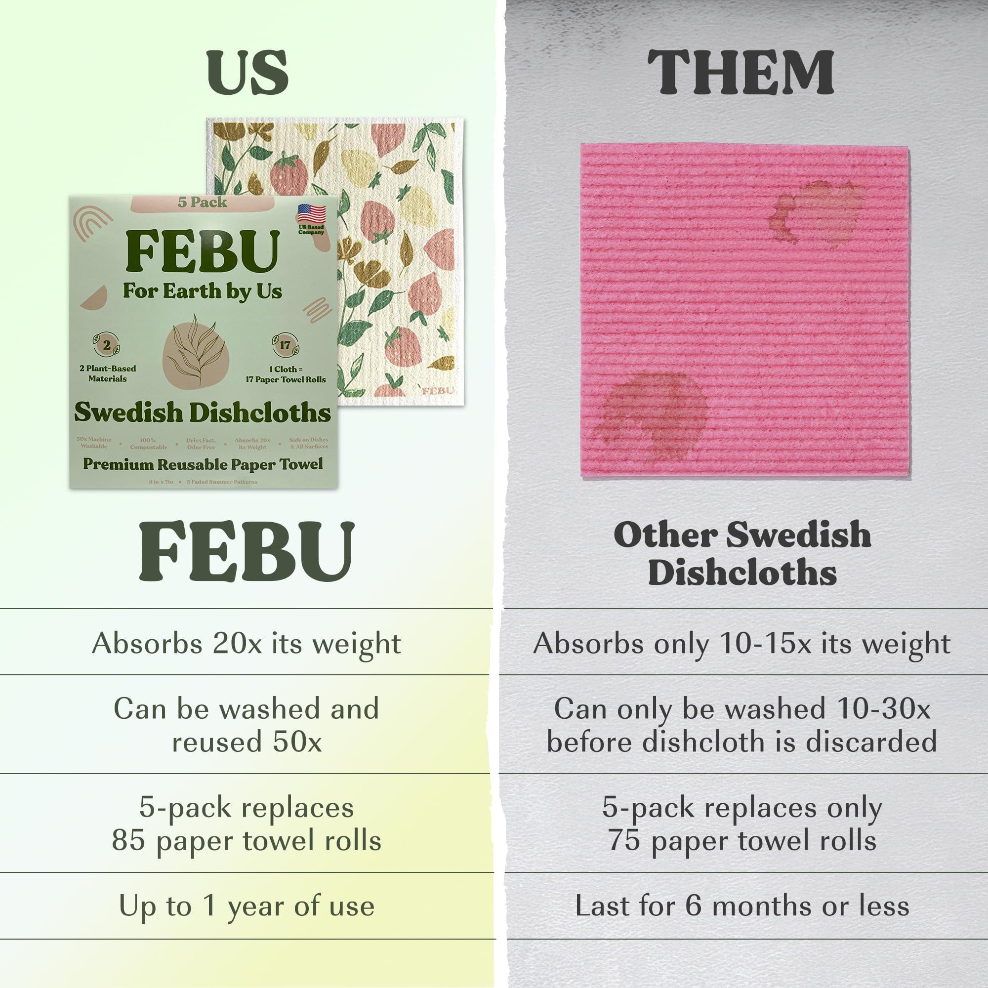 FEBU FEBU Swedish Dishcloths for Kitchen | 5 Pack Faded Summer Reusable Paper Towels Washable | Swedish Dish Towels | Non-Scratch Cellulose Sponge Cloths | No Odor, Biodegradable Cleaning Cloths