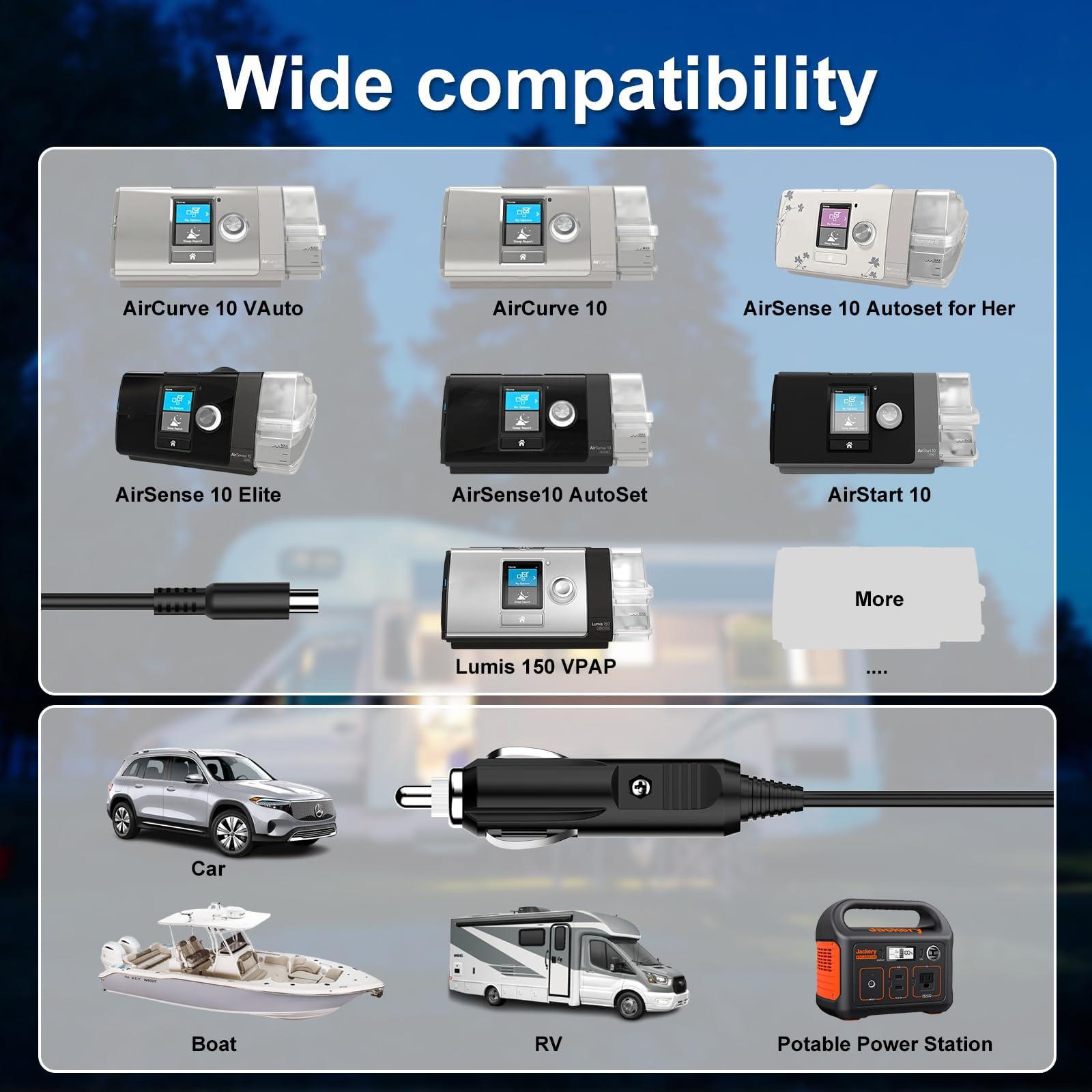 IBERLS for Resmed Airsense 10 DC Adapter Converter 12V Power Cord for Air Sense S10 AirCurve 10 BiPAP Machine 370006 370001 37297 37207 12Volt Charger(7.8FT, Travel, Camping)