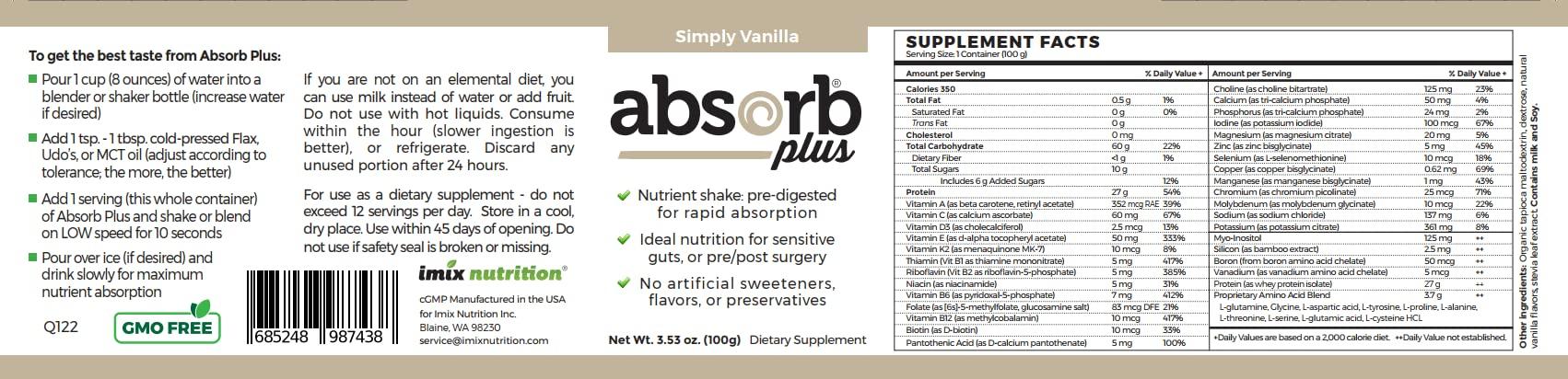 Absorb Plus Absorb Plus Elemental Shake  Nutrient-Rich Powder  Lactose-Free, Casein-Free, No Artificial Additives  Smooth, Easily Mixable Powder for Versatile Use  (100 g, Simply Vanilla)