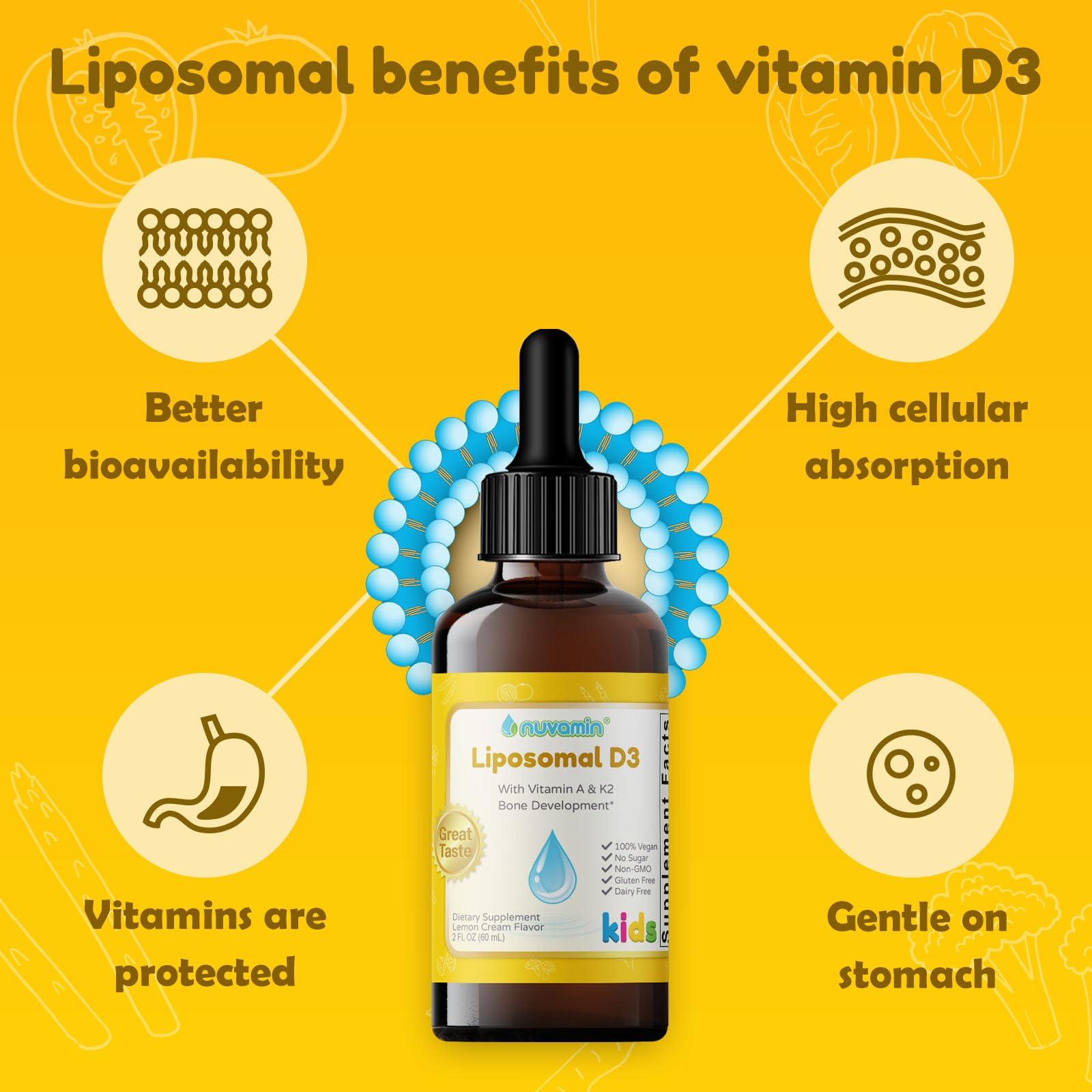 Nuvamin A New Form of Vitamin Nuvamin  Liquid Liposomal D3 Drops with Vitamin A & K2 for Baby Toddlers Kids & Adults, 800 IU/mL, 2 Fl.Oz (60ml), 120 Daily Serving, Great Taste - All Natural - Superior Absorption, Lemon Flavor