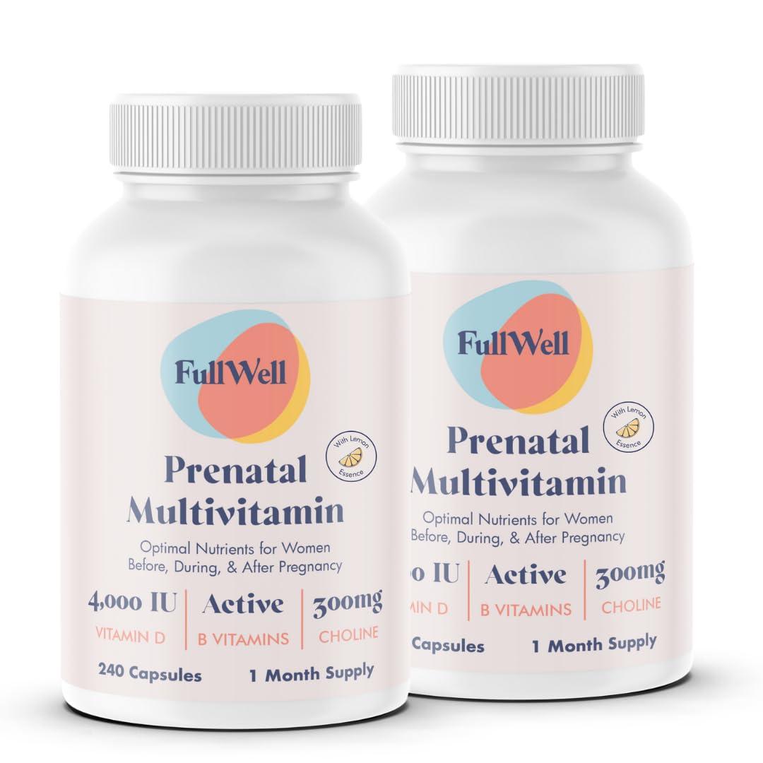 FullWell FullWell Prenatal Vitamins Lemon | choline, folate, vitamin D for fetal growth, brain development | 26 Vital Nutrients | Dietitian-formulated, OBGYN recommended, non-GMO, 3rd Party tested, 60 Servings