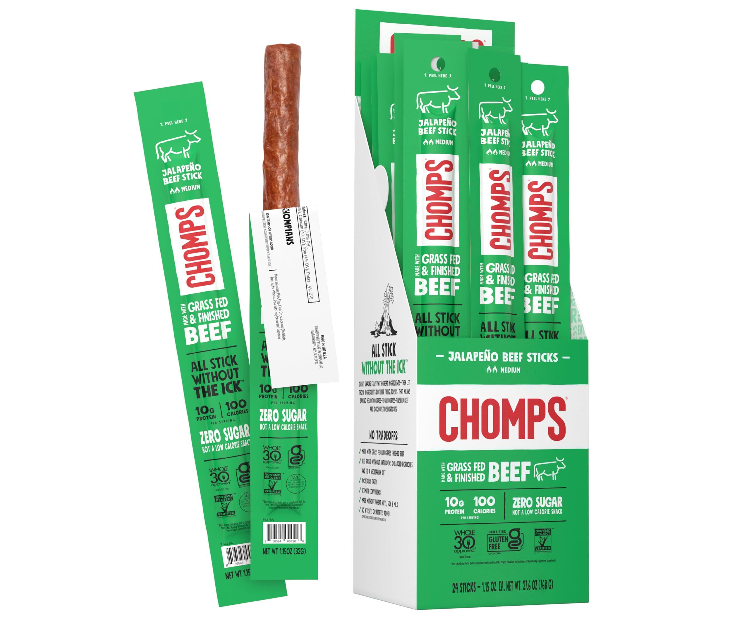 Chomps Chomps Grass-Fed and Finished Jalapeo Beef Jerky Snack Sticks 24-Pack - Keto, Paleo, Whole30, 10g Lean Meat Protein, Gluten-Free, Zero Sugar Food, Non-GMO