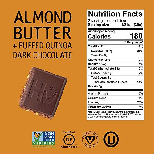 Hu Hu Chocolate Bars | 8 Pack Almond Butter Puffed Quinoa Chocolate | Natural Organic Vegan, Gluten Free, Paleo, Non GMO, Fair Trade Dark Chocolate | 2.1oz Each