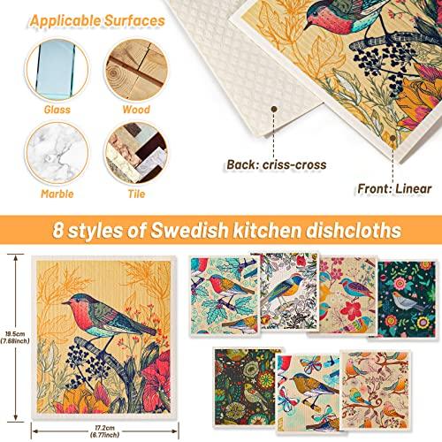Lucomb Lucomb 8 Pack Swedish Dishcloths for Kitchen, Reusable Soft Kitchen Towels Dish Cloths Set Absorbent Sponge Cleaning Washable Quick Drying Bar Hand Washing (Birds Flowers)
