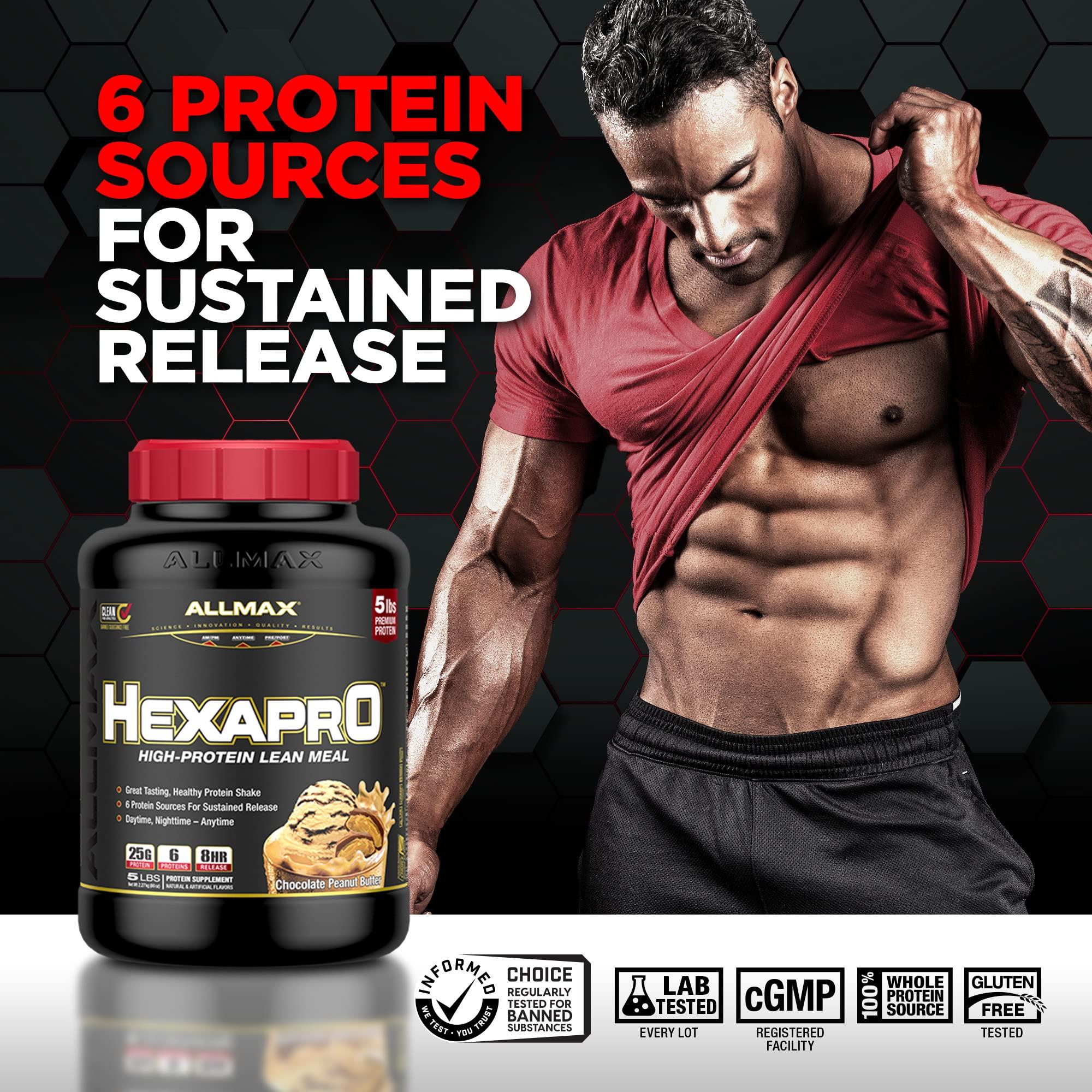 ALLMAX Nutrition ALLMAX HEXAPRO, Chocolate - 5 lb - 25 Grams of Protein Per Serving - 8-Hour Sustained Release - Zero Sugar - 52 Servings