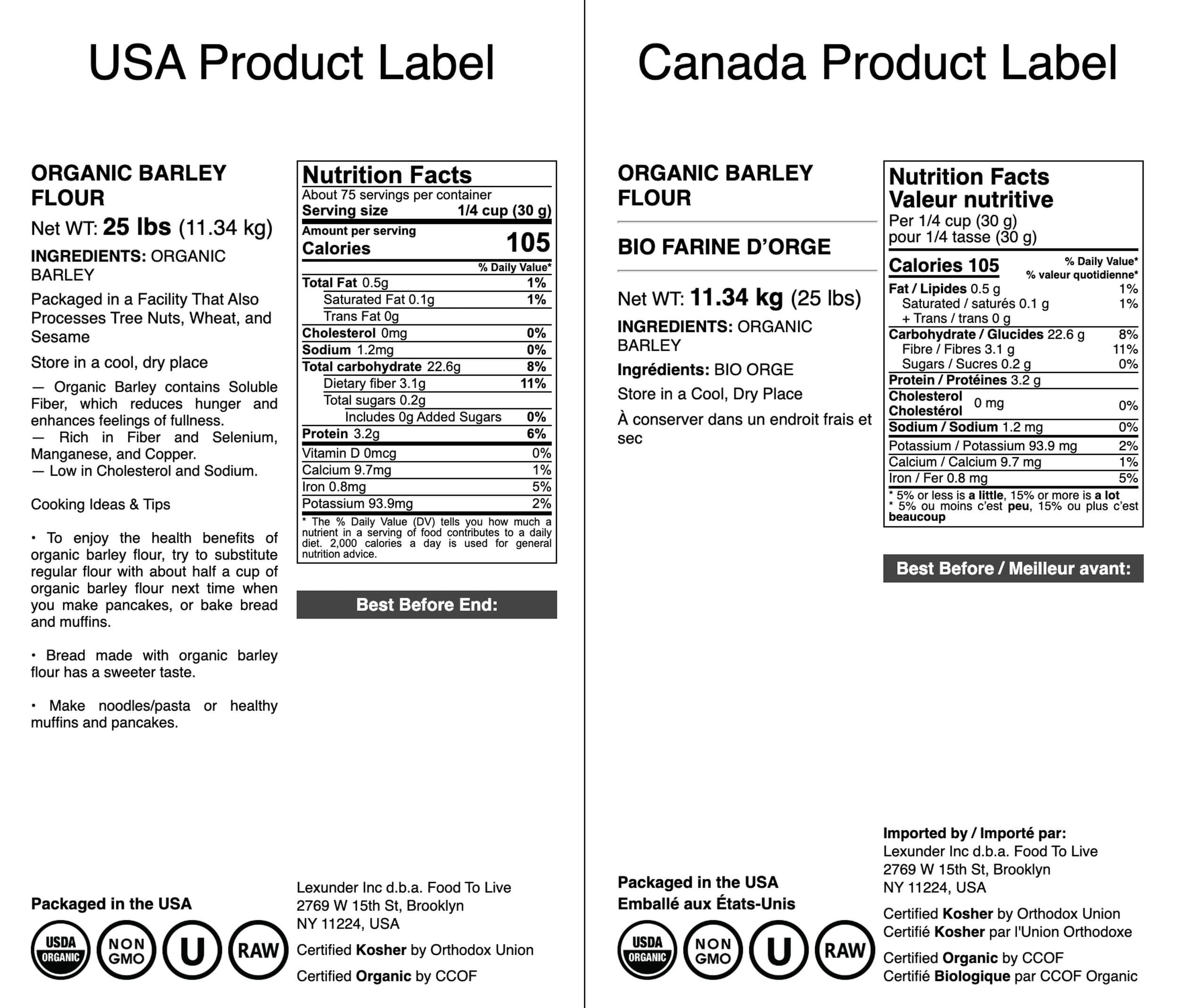 Food to Live Food to Live Organic Barley Flour, 25 Pounds Non-GMO, Stone Ground from Whole Hulled Barley, Fine, Kosher, Vegan, Bulk. Rich in Fiber. Perfect for Flour Blends. Great for Baking. Product of the USA.