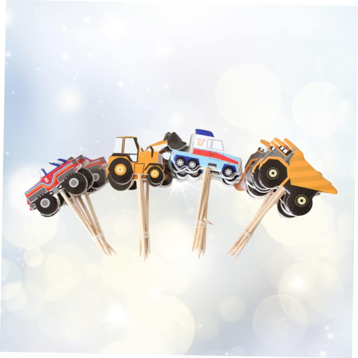 VICASKY VICASKY 48pcs Creative Cake Toppers Gold Cupcake Liners Birthday Construction Sign Monster Truck Cupcake Toppers Party Toppings Containers with Lids Supplies Baking Decorations Wooden