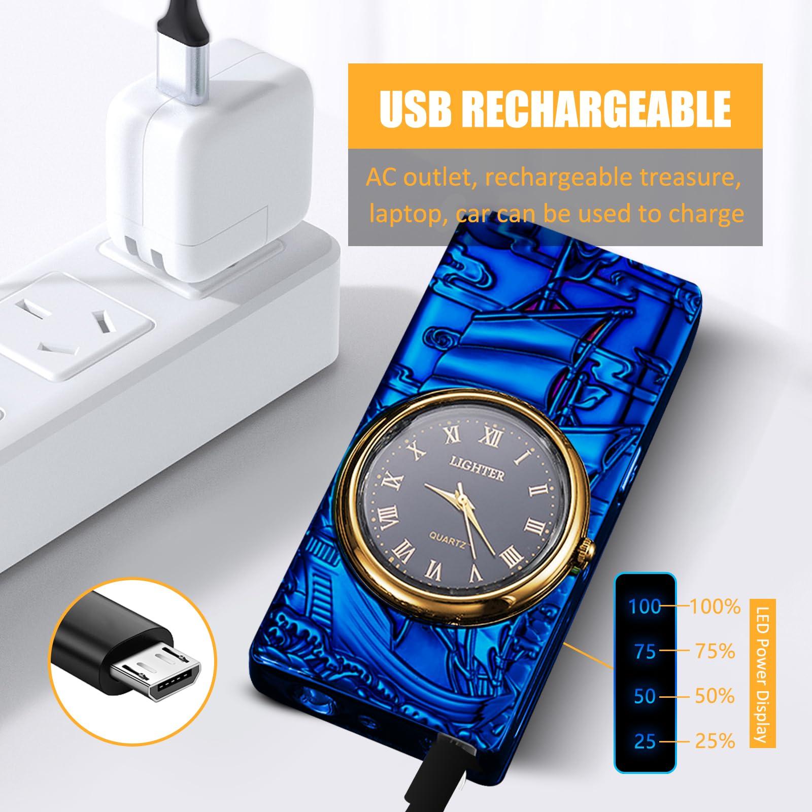 comanyi COMANYI Electric Lighter with Plasma Arc, Windproof USB Rechargeable Lighter with Cool Design, Clock Dial, Flashlight, Power Display for Outdoor Daily Use, Gift for Men Women (Sailboat, Blue)