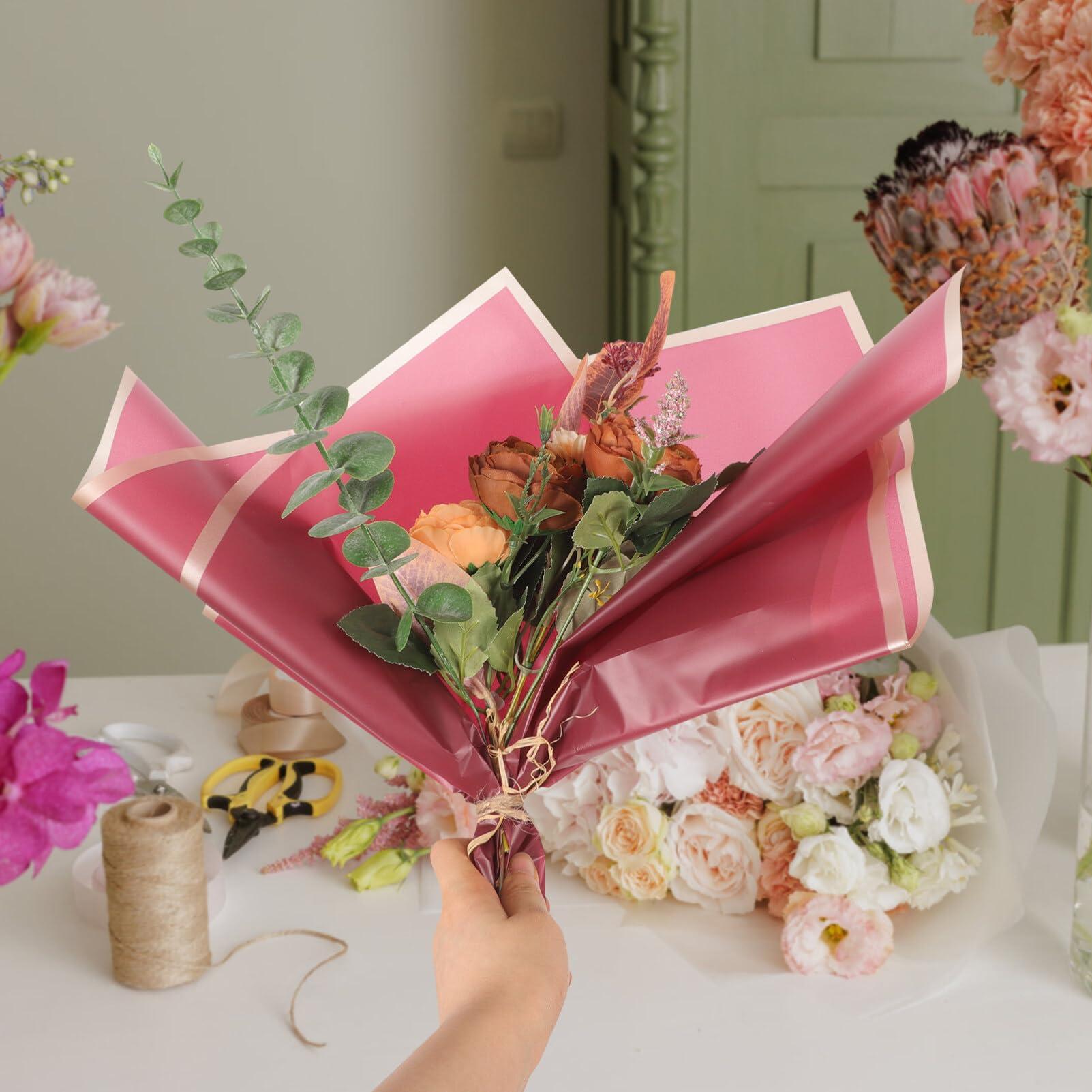 SEWACC Flower Wrapping Paper, 20 Sheets Gold Edge Floral Wrapping Paper Florist Supplies Pure Color Flower Bouquet Packaging Paper Valentines Day Weddings Party