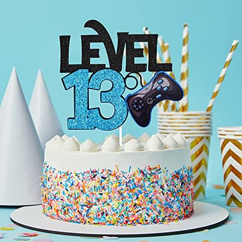 Caiwowo Level 13 Game Birthday Cake Topper - Video Game Boy's 13th Birthday Level Up Party Blue Cake Supplies - Game On Winner Gaming Party Decoration