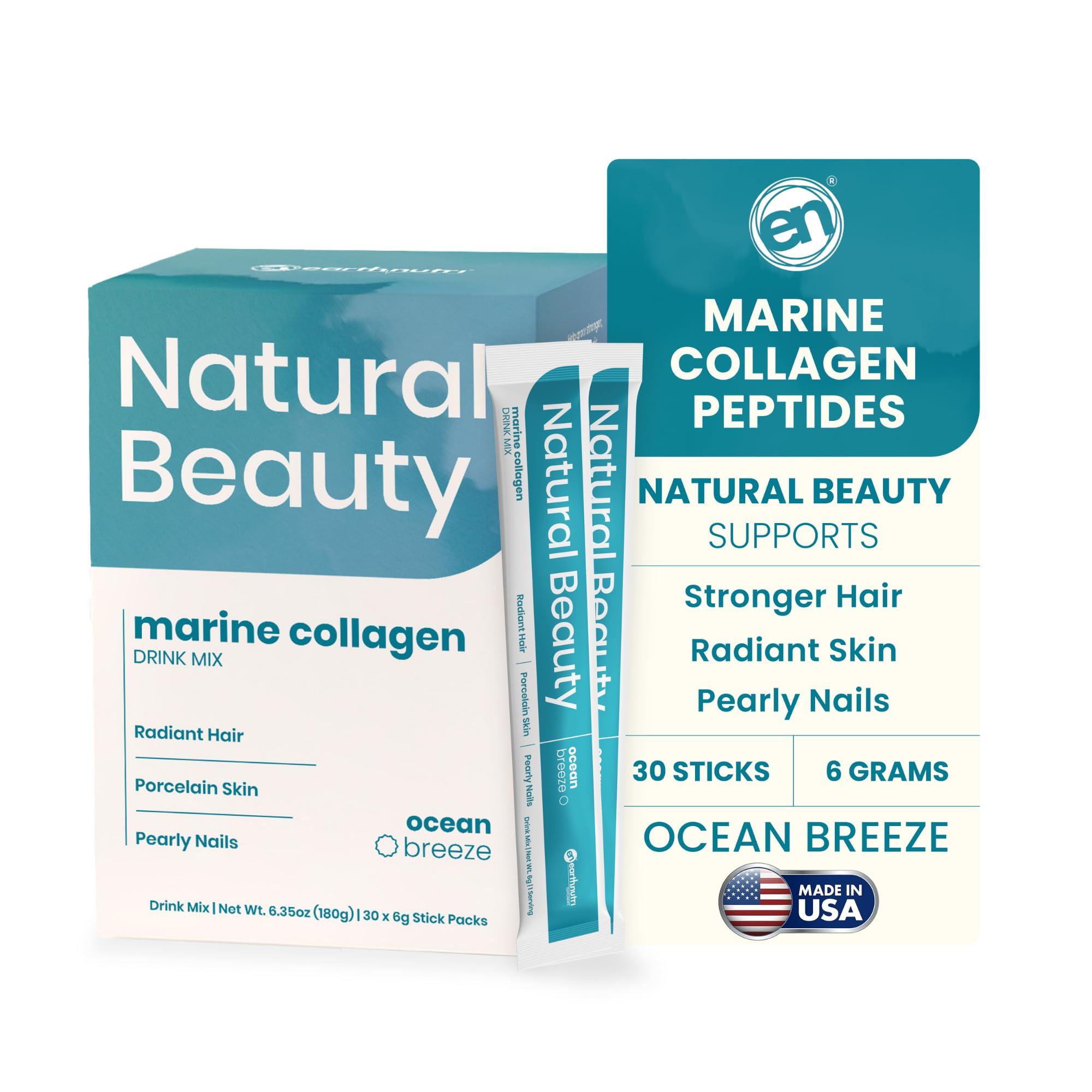 EarthNutri EarthNutri Marine Collagen Peptides Powder Supplement for Skin, Hair & Nails Enhances Skin Elasticity & Hydration Hydrolyzed Collagen 5000mg per Serving Non-GMO Ocean Breeze (30 Sticks Pack)