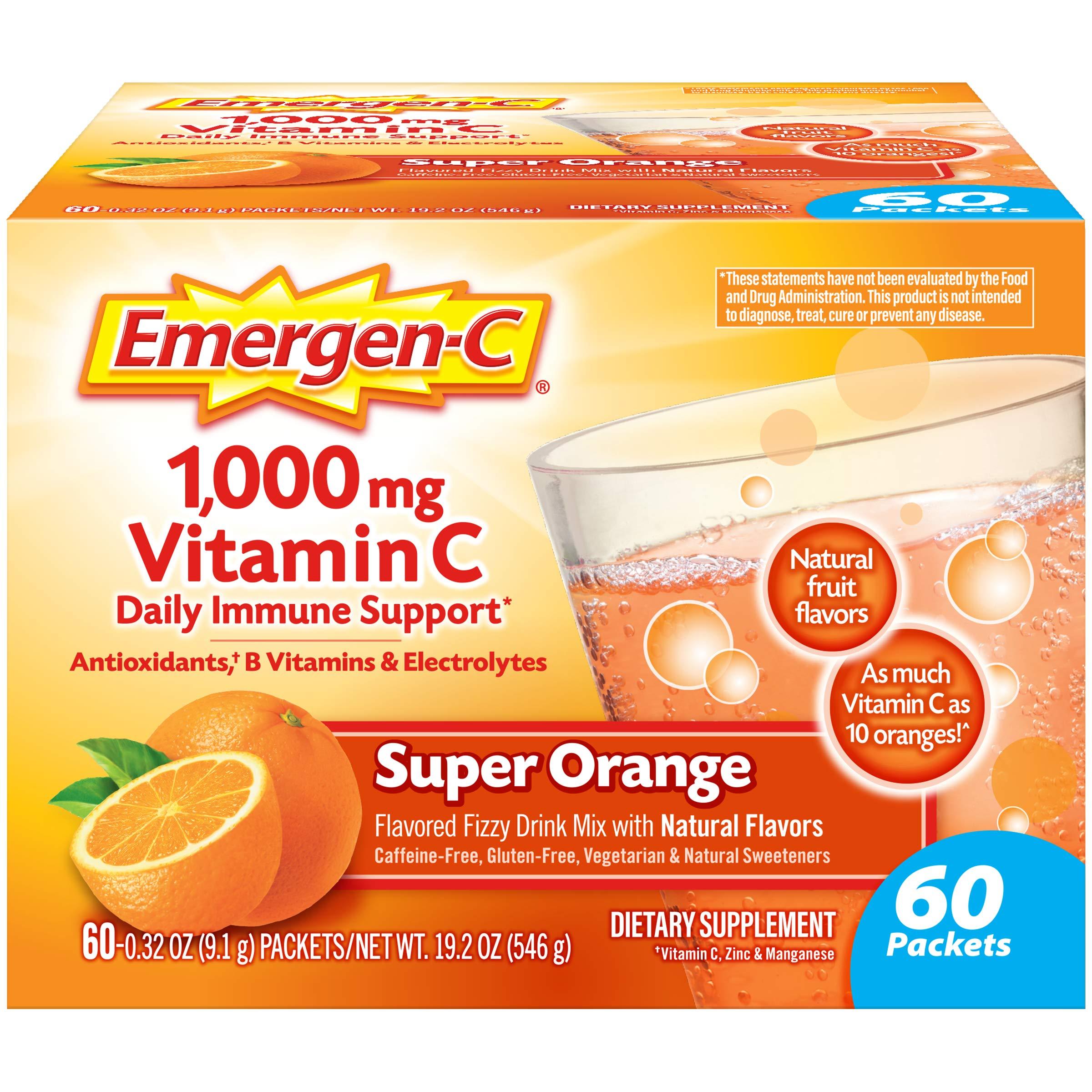 Emergen-C Emergen-C 1000mg Vitamin C Powder for Daily Immune Support Caffeine Free Vitamin C Supplements with Zinc and Manganese, B Vitamins and Electrolytes, Super Orange Flavor -60 Count(Pack of 1)