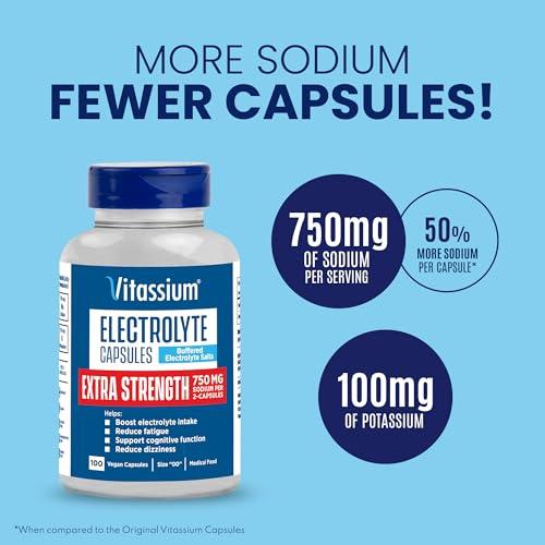 Vitassium Vitassium Extra Strength Electrolyte Capsules, 750mg of Sodium for The Management of POTS and High Sodium Diets, Unflavored, 100 Salt Pills (Size 00)
