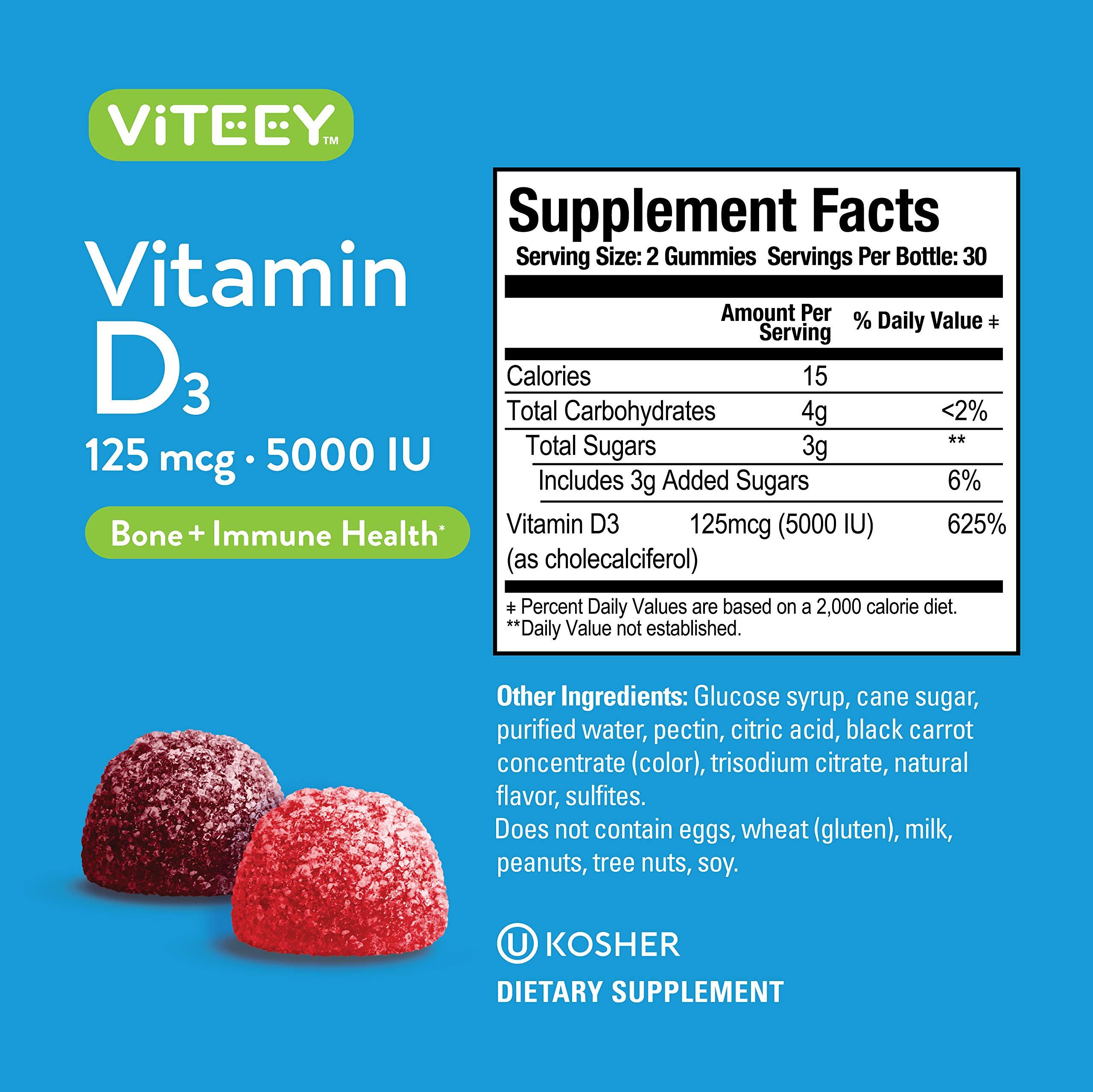 Viteey Vitamin D3 Gummies for Adults & Teens - 5,000 IU, 125mcg, Ultra Strength - Joint & Muscle Health, Immune Boost - Chewable Vitamin D Gummies - Vegetarian, Gelatin Free - Tasty Berry Flavored Gummy