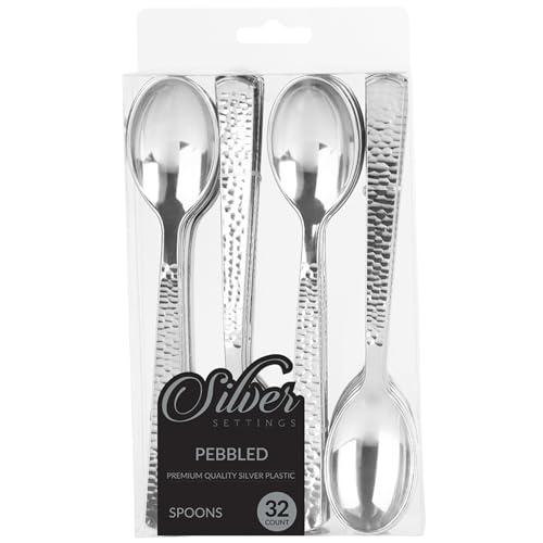 Unique Elegant Hammered Silver Plastic Spoons (24ct) - Durable & Stylish - Perfect for Parties, Weddings & Events