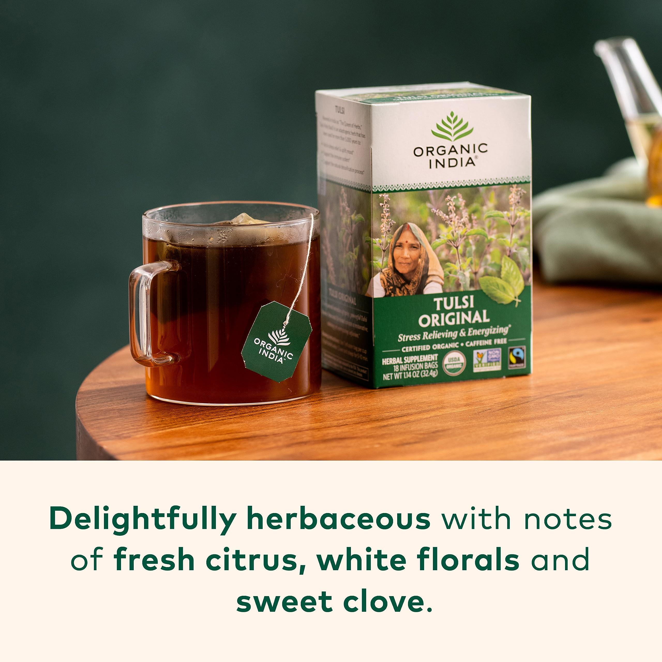 ORGANIC INDIA ORGANIC INDIA Original Tulsi Tea - Herbal Tea, Holy Basil and African Basil Calming and Stress Relief Tea, Immune Support, USDA Certified Organic, Non-GMO, Caffeine-Free - 18 Infusion Bags, 2 Pack
