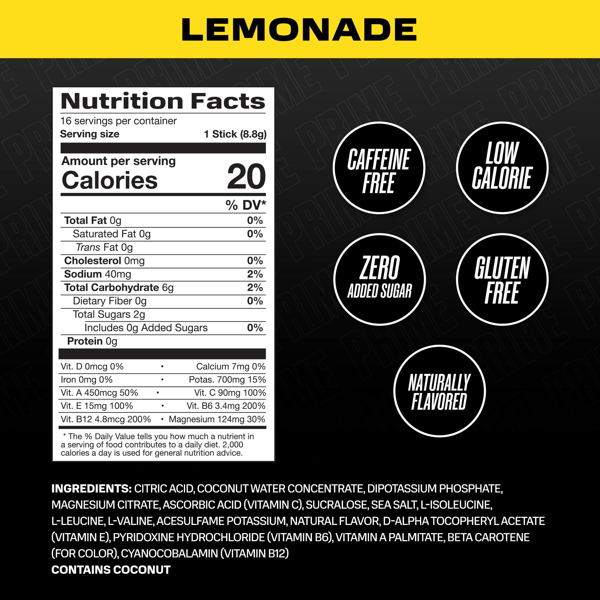 PRIME HYDRATION PRIME HYDRATION+ Sticks Lemonade | Hydration Powder Single Serve Sticks | Electrolyte Powder On The Go | 250mg BCAAs, B Vitamins, Antioxidants | Low Sugar | Caffeine-Free | Vegan | 48 Sticks