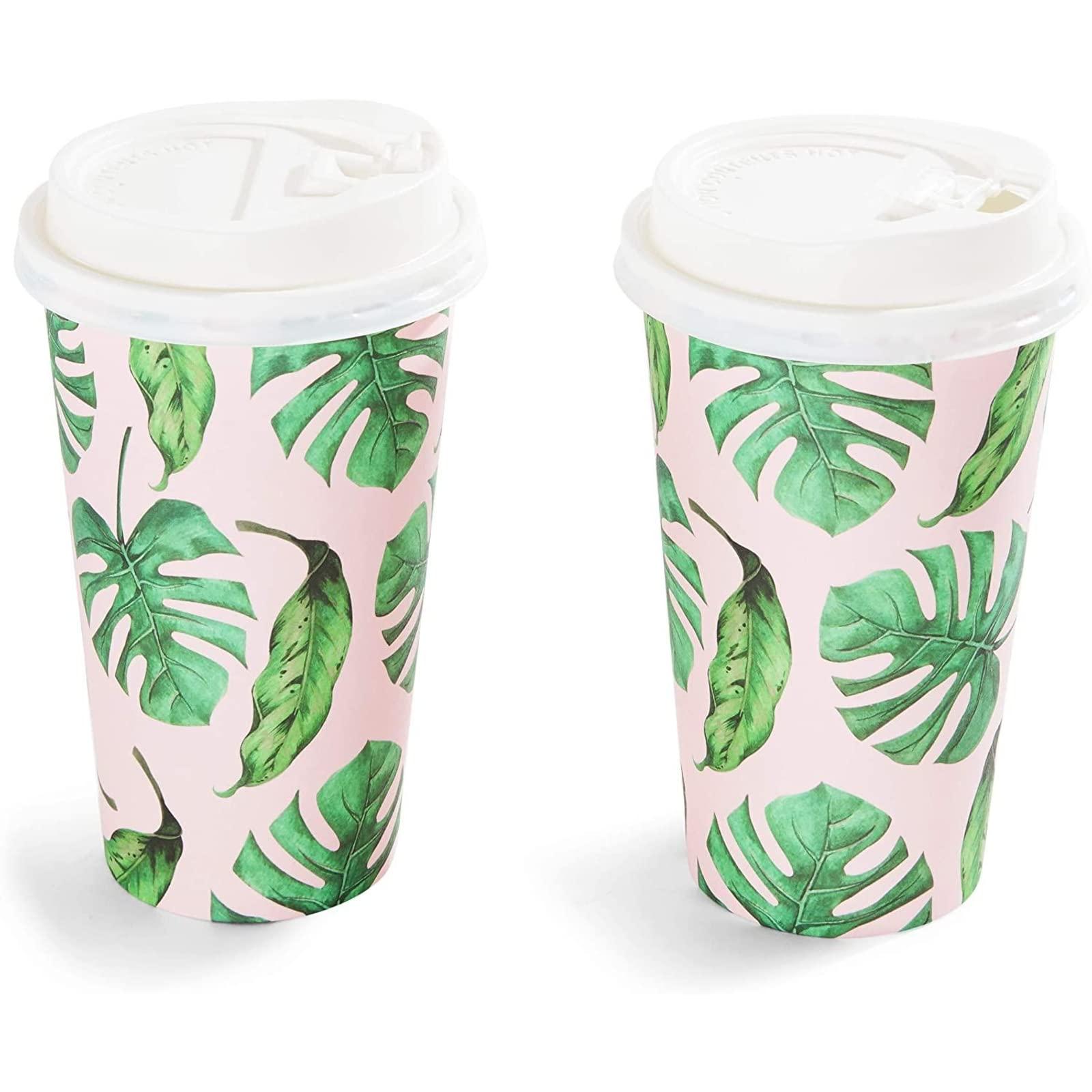 BLUE PANDA BLUE PANDA Disposable 16 oz Coffee Cups with Lids - Paper To-Go Coffee Cups for Themed Birthday Party, Wedding, Baby Shower - 48-Pack Tropical Design