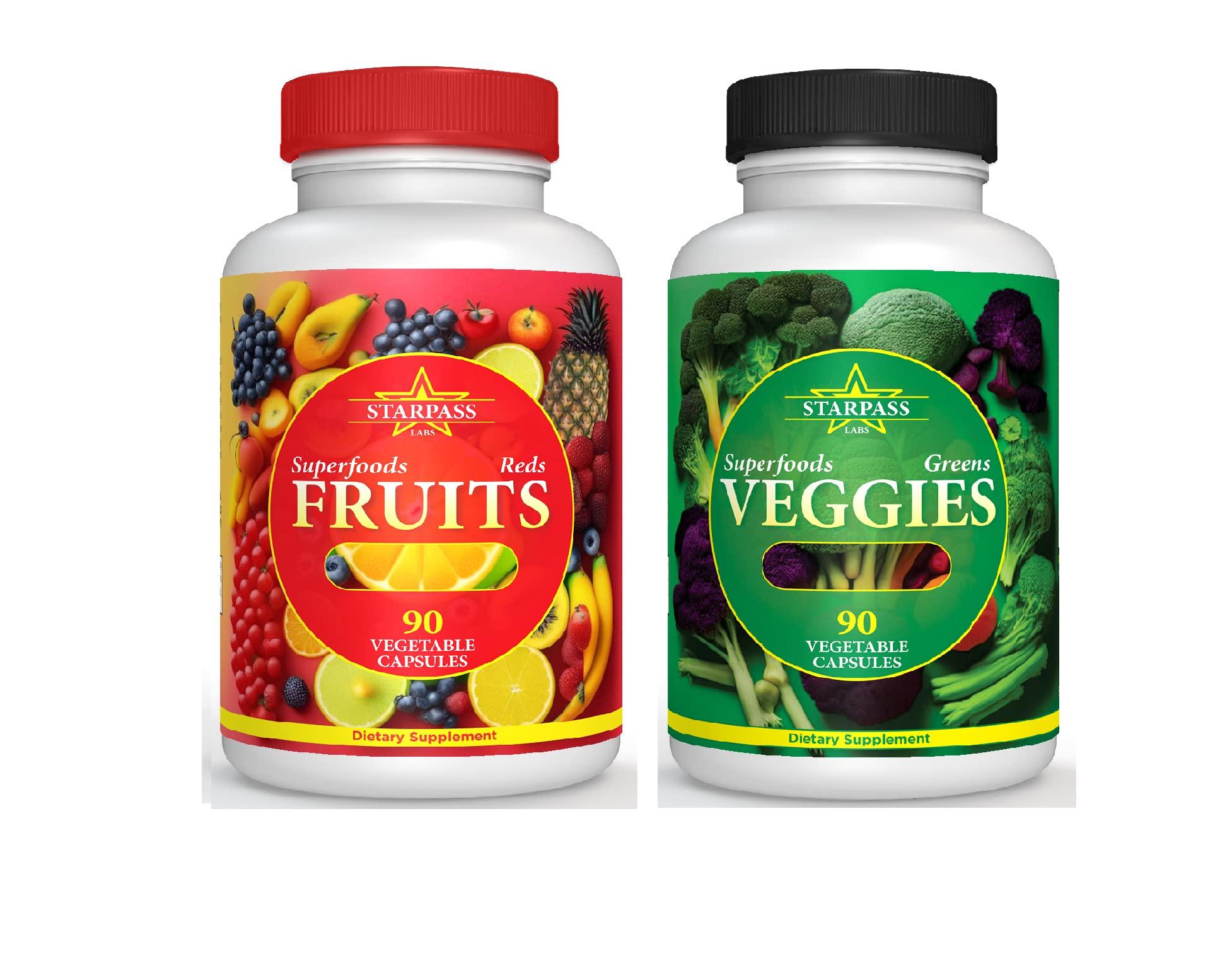 StarPass Labs Vegetarian Balance of Superfoods Reds Fruits and Greens | Vegan Vegetables Fruits and Veggie | Natural Balance of 90 Fruits, 90 Veggies Capsules for Men, Women and Kids | Nature Vitamins and Minerals