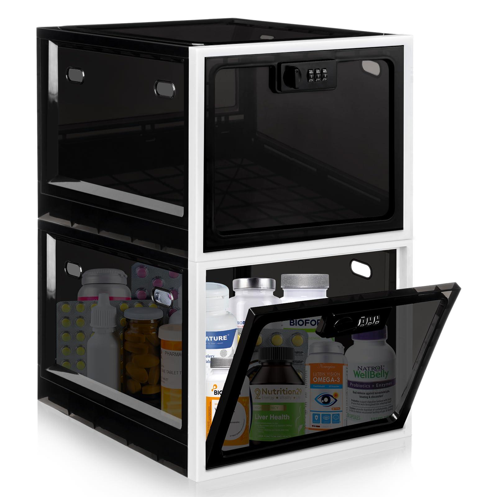 Gemaxvoled Gemaxvoled 2 Pack Medicine Lock Box, Large Capacity Premium Material Lockable Storage Bin Organizer Box with Combination Code for Safe Medication/Fridge Food/Snacks/Phone/Tablet Jail(Black)