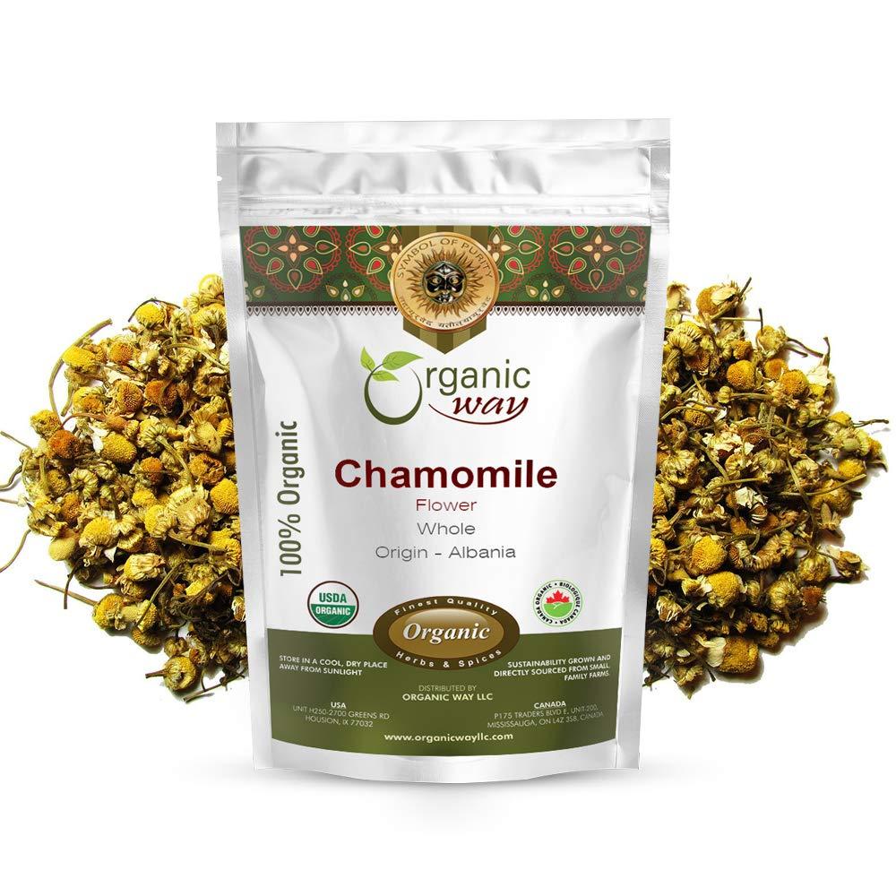 Organic Way Organic Way Chamomile Flower Whole (Matricaria chamomilla) - Herbal Tea | European Wild-Harvest | Kosher & USDA Certified | Vegan, Non-GMO & Gluten Free | 100% Raw from Albania (1/4LBS / 4Oz.)
