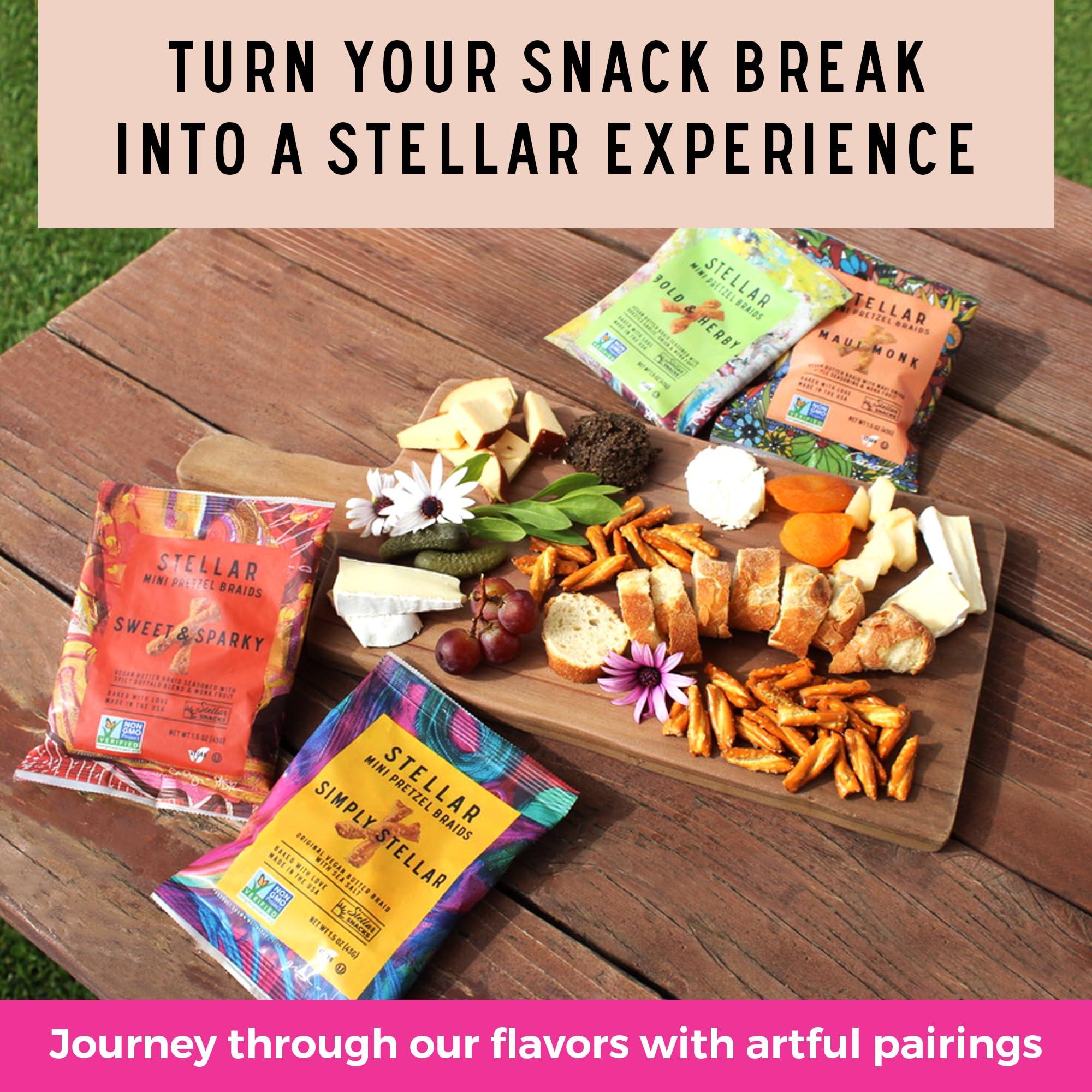 STELLAR SNACKS Stellar Pretzel Braids Maui Monk Mini 24 Snack Packs (1.5 oz each) Maui Onion and Monk Fruit Flavor, Stellar Snacks, Vegan Kosher Peanut-Free Non-GMO, Individual Bags, Pretzel Twists - Made in the USA