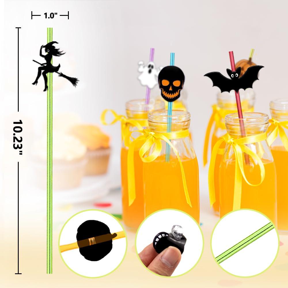Meaxur MEAXUR 24 Pcs Halloween Party Favors Halloween Straws Reusable Plastic Crazy Straws Bats Pumpkin Witch Ghost Straws with 2 Cleaning Brush for Kids Halloween Party Supplies Birthday Decoration.(6Color)