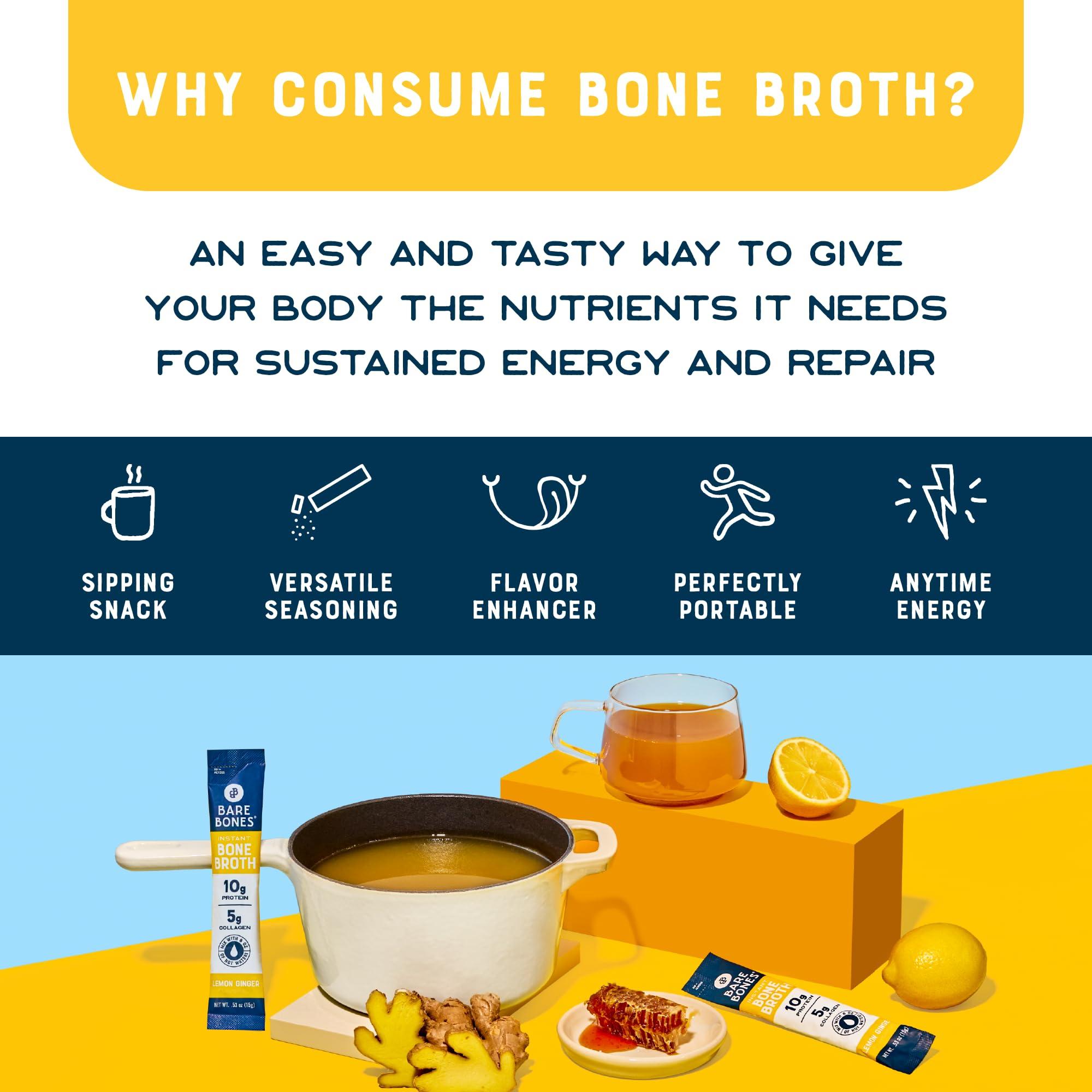 Bare Bones Bare Bones Bone Broth Instant Powdered Mix, Lemon Ginger, Pack of 8, 15g Sticks, 10g Protein, Keto & Paleo Friendly Bone Broth Packets