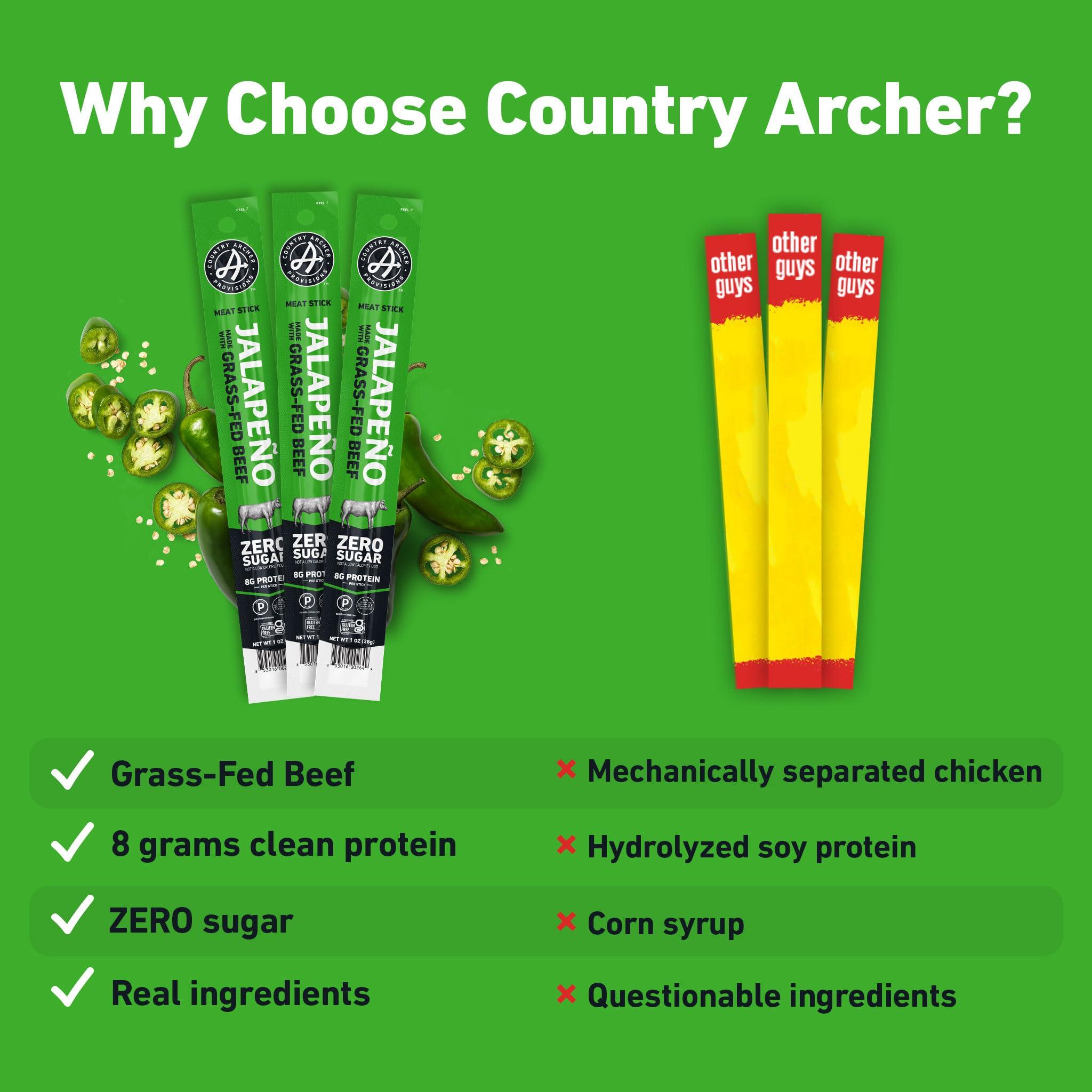 Country Archer Country Archer Beef Jerky Sticks Jalapeno - Grass Fed Beef Sticks Individually Wrapped, Beef Sticks Bulk, Beef Jerky Snack Packs, Gluten Free, Paleo, Keto, Sugar Free - 1 oz Meat Sticks (Pack of 18)