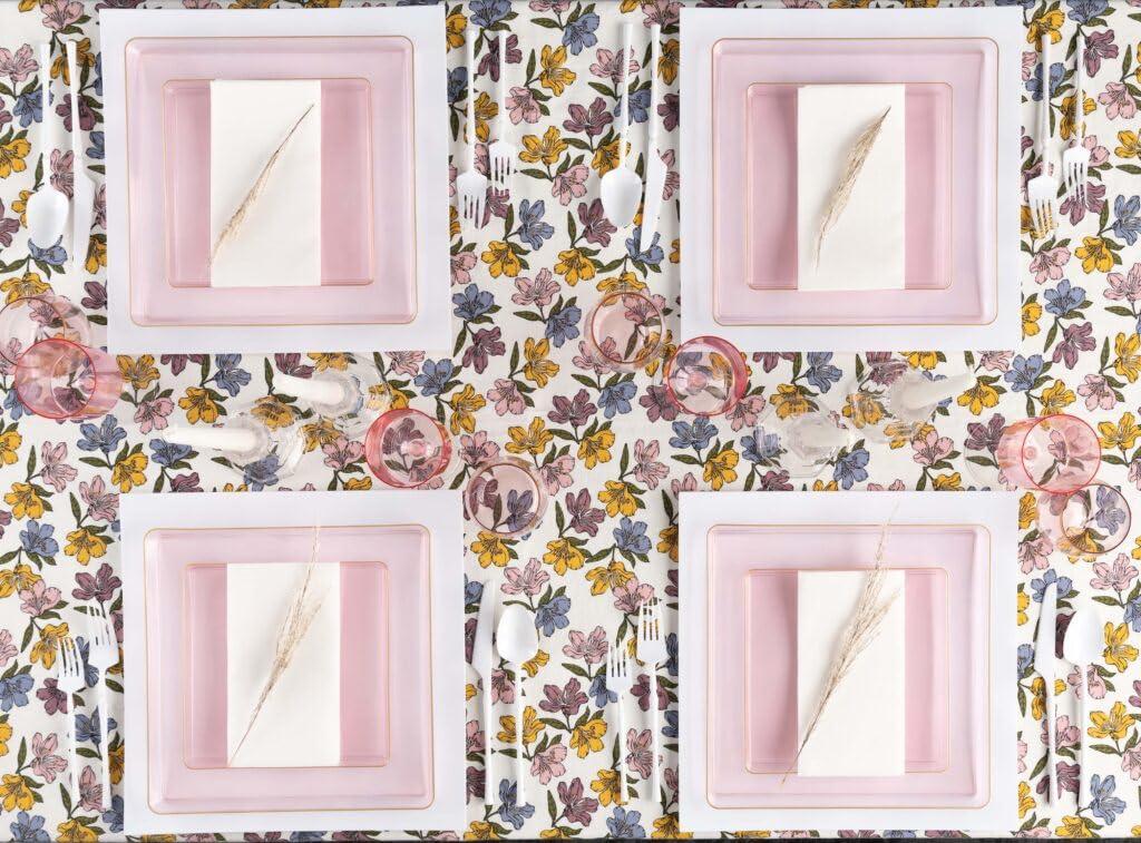 EcoQuality EcoQuality 7.75\" inch Disposable Square Translucent Pink Plastic Plates with Gold Rim, China Like Party Plates, Heavy Duty Dessert Plate, Salads, Weddings, Baby Showers, Catering, Non Toxic (10)