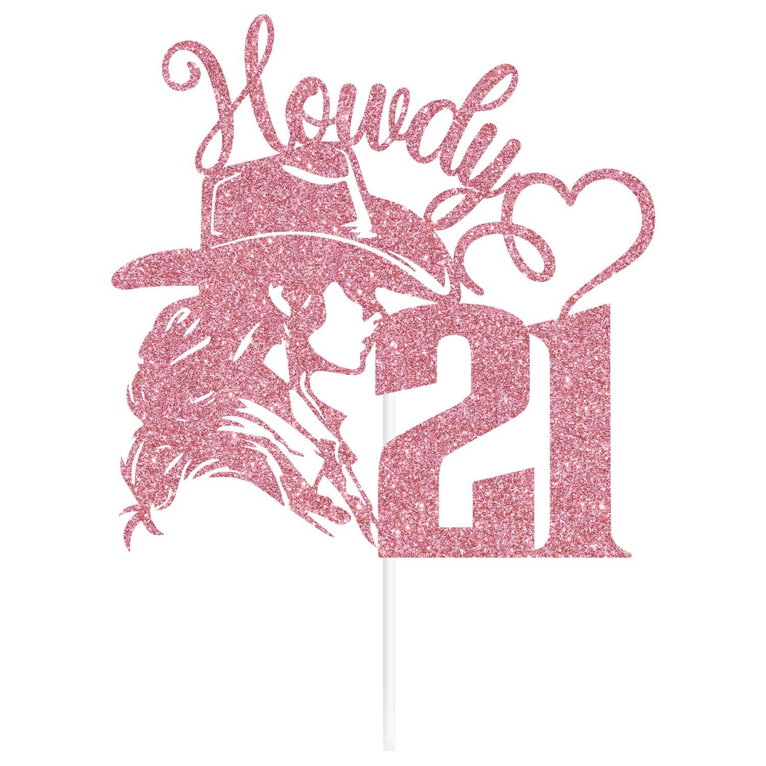 Goilpanitdia Cowgirl Happy 21st Birthday Cake Topper, 21 & Fabulous, Cheers To 21 Years, Cowgirl Themed Birthday Party Decorations (Pink Glitter)