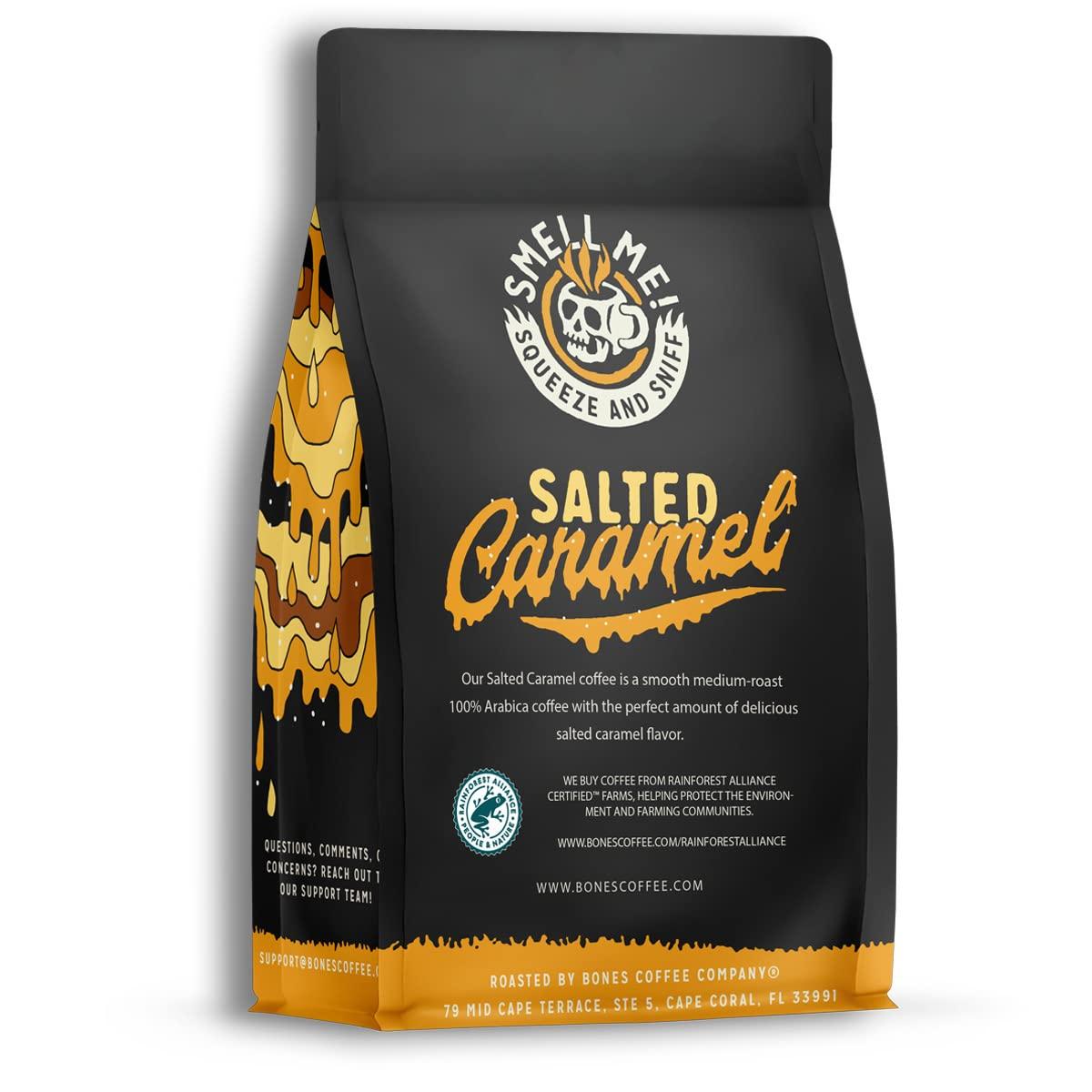 Bones Coffee Company Bones Coffee Company Salted Caramel Flavored Coffee Beans, Whole Bean Coffee Medium Roast Low Acid, Salted Caramel Flavor (12 oz)