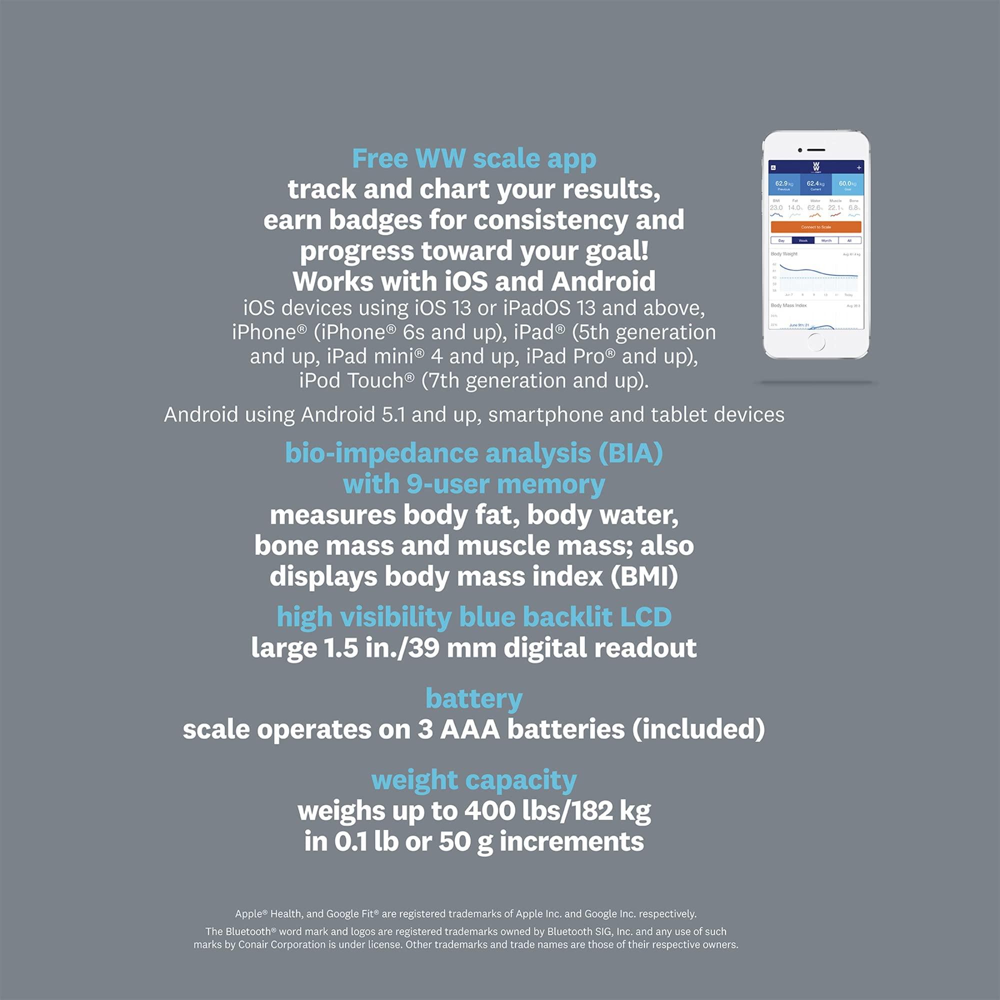 Conair Weight Watchers Scales by Conair Smart Scale for Body Weight, Digital Bluetooth Smart Bathroom Scale with Body Fat, Muscle, and BMI in Black